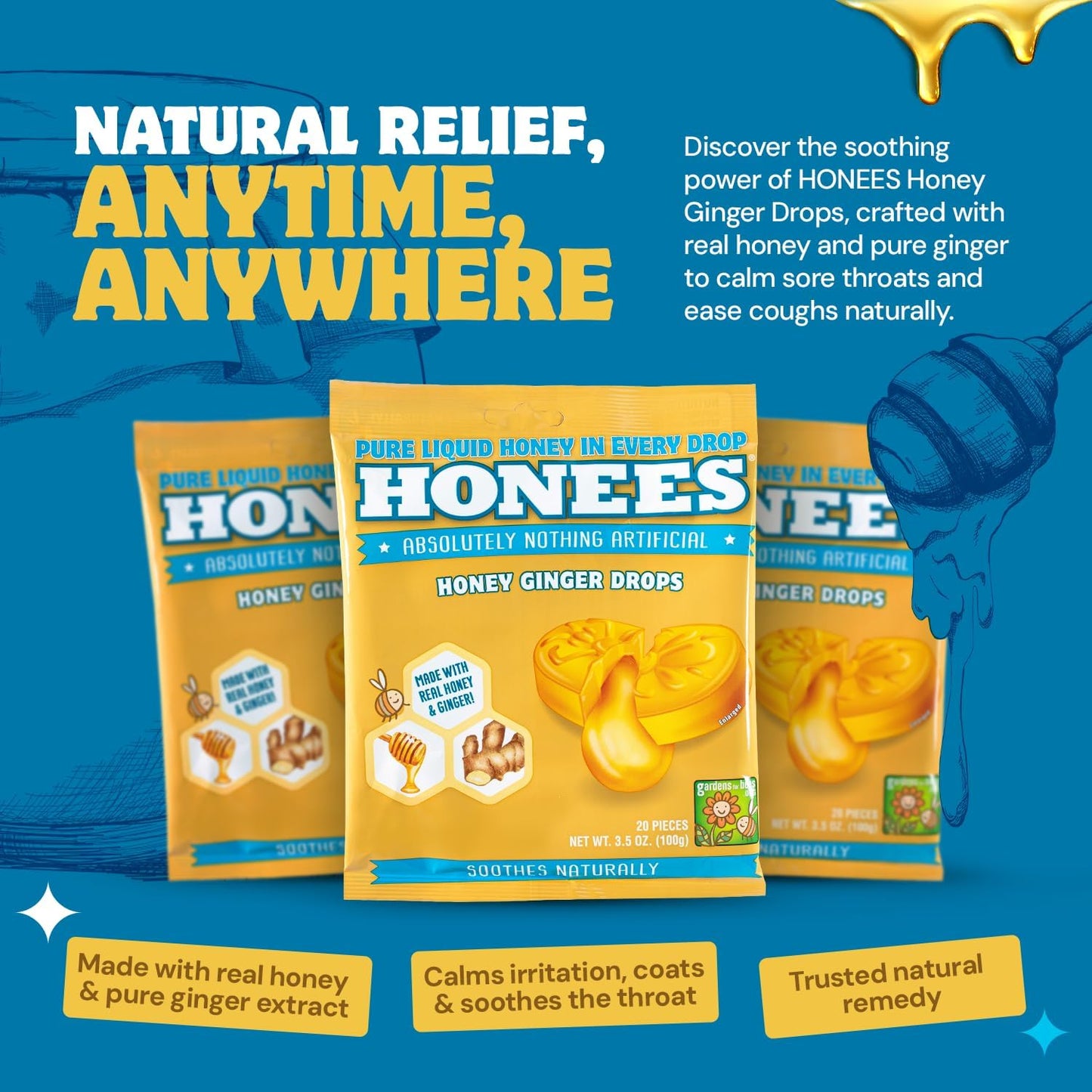 Honees Filled Honey Ginger Drops, Natural Cough Drops- Pure Ginger Sore Throat Relief - Nothing Artificial -Throat Coat Lozenges, Natural Cough Suppressant, Non-GMO, Gluten Free (1 Pack – 20 Drops)