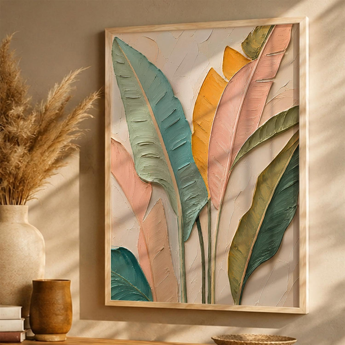 Decorative Modern Leaf Wall Art Painting With Frame | Leaf Painting For Living Room Bed Room Hotel Wall Decor Digital Reprint (14X20 inch)