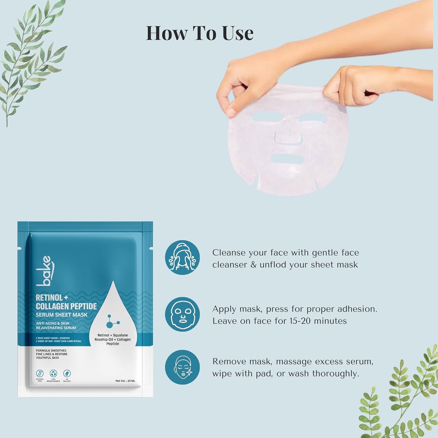 Bake 1% + Collagen Peptide Sheet Mask For Anti Aging, Skin Tightening & Wrinkles | Paraben Free, 100% Biodegradable (20.00 g)