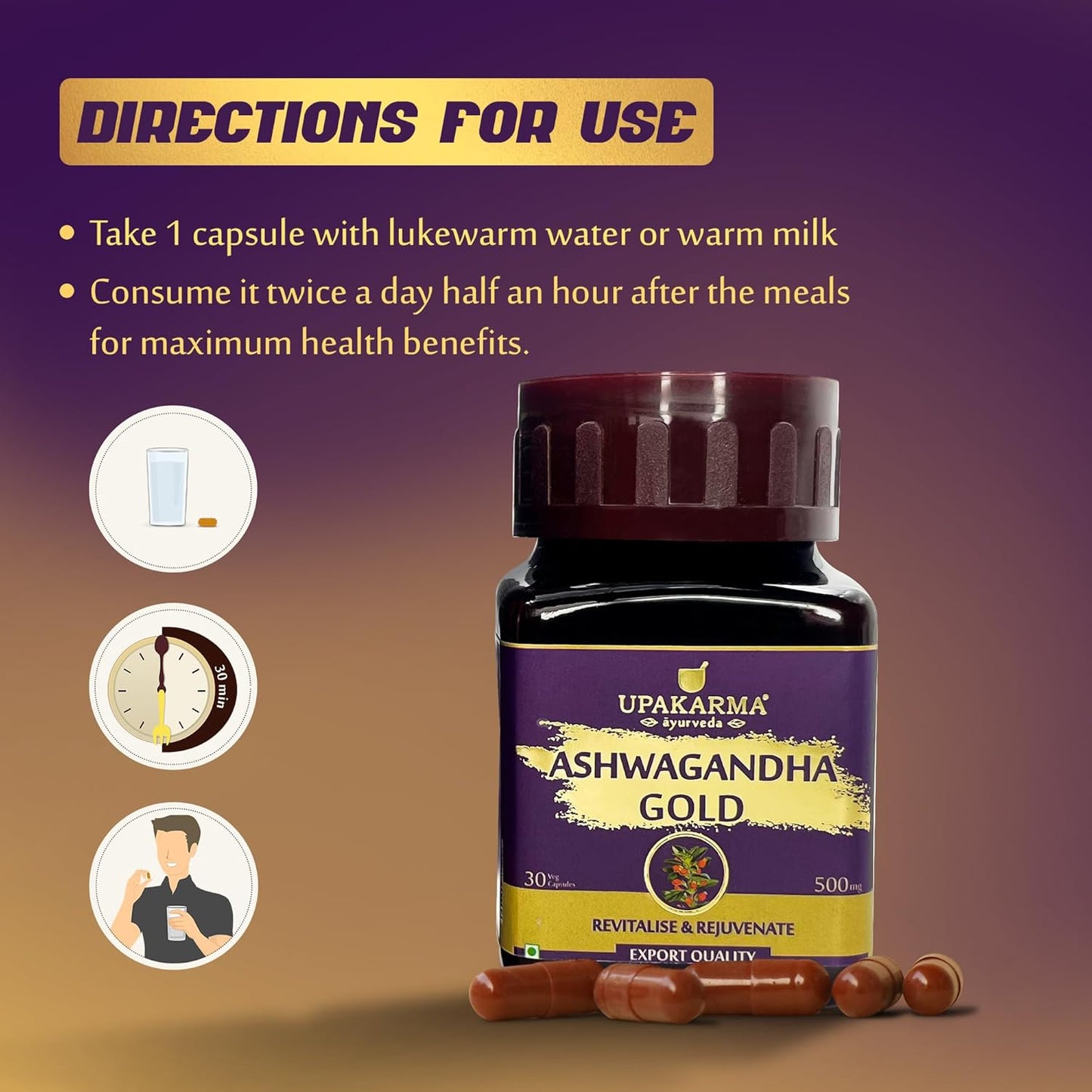 Upakarma Ashwagandha Gold 30 Capsules | Contains Gold | Ashwagandha Root Extract, Brahmi, Shigru and Other Action Herbs | Helps in Stress & Sleep Management