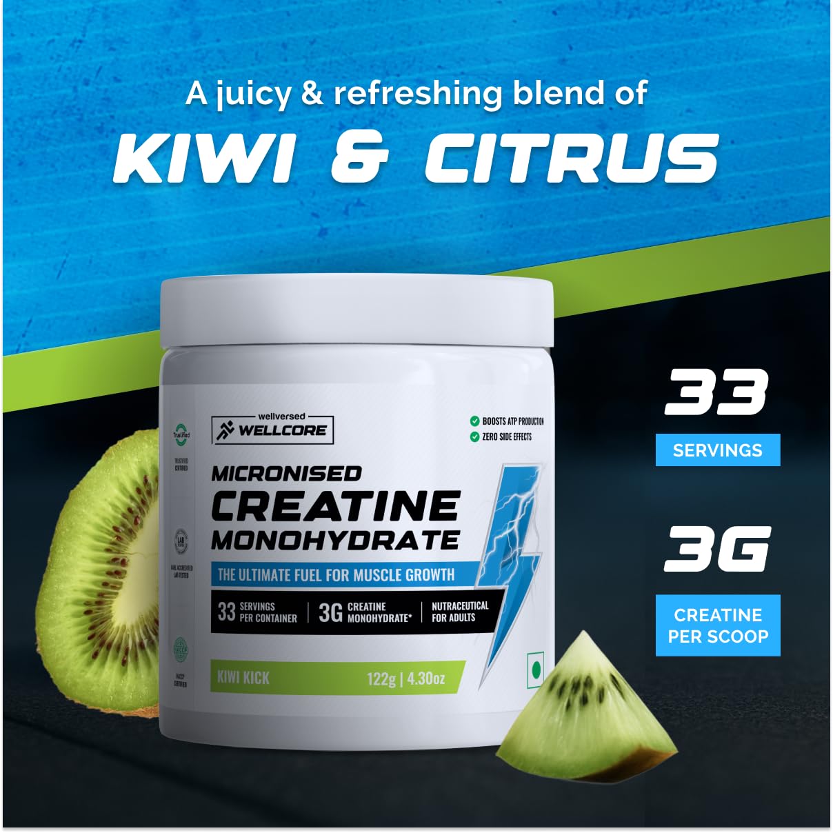 Wellcore - Pure Micronised Creatine Monohydrate Powder | Kiwi Kick | (122g, 33 servings) | Lab Tested For Fast Absorption & Recovery