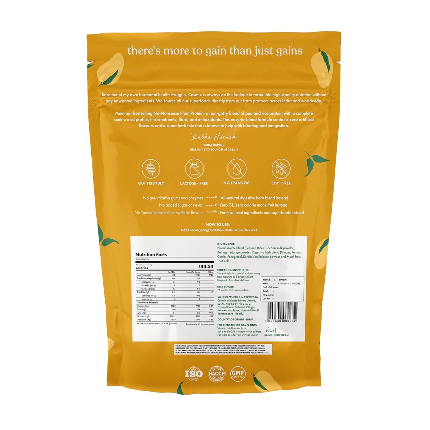 Cosmix No-Nonsense Plant Protein | 23 Protein/Serve, 500g Pouch | Ratnagiri Mango | Plant Based Protein, Pea & Rice Isolate | Clean, Easy to Digest | All Essential Amino Acids