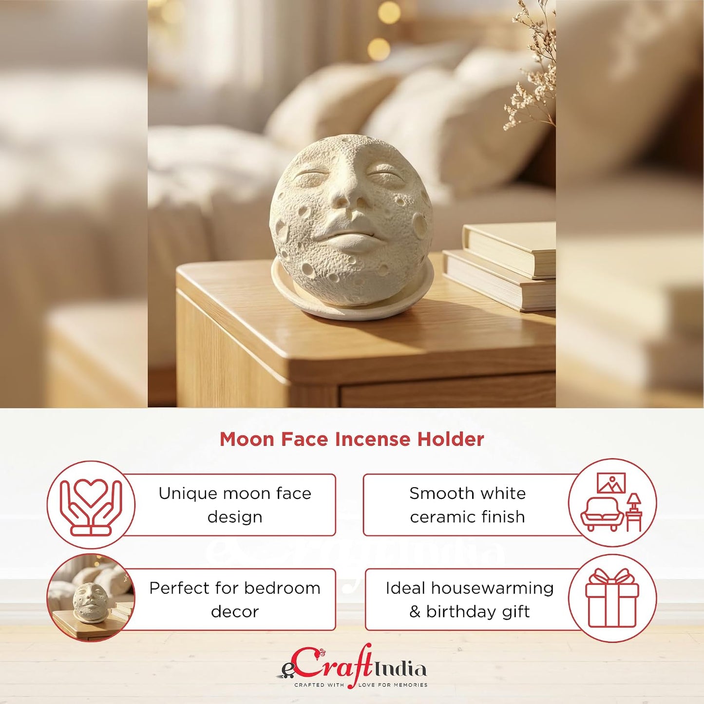 eCraftIndia White Ceramic Moon Face Decorative Incense Holder Showpiece for Home Decor Living Room Bedroom Office Desk Gift