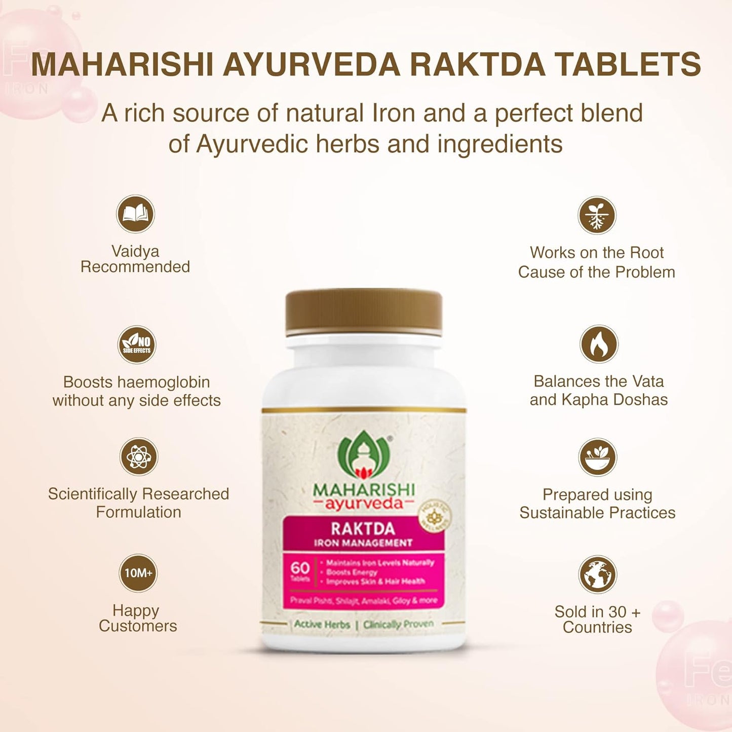Zephivo Maharishi Ayurveda Raktda Iron Management Tablets For Men&Women | Ayurvedic Iron Supplement With Vitamin C&Calcium | Maintains Haemoglobin Levels | Boosts Energy | Improves Skin&Hair Health | 60 Tablets