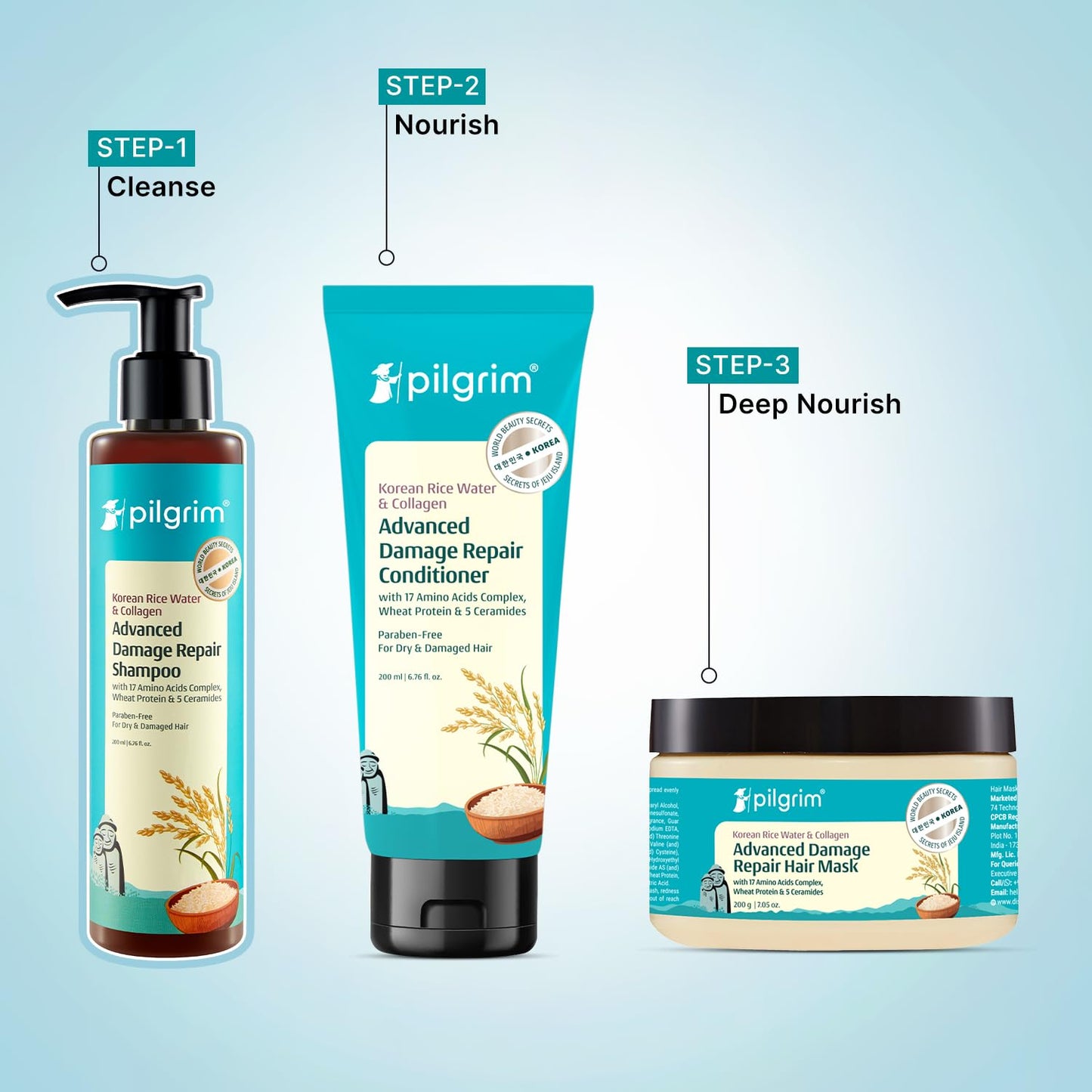 Pilgrim Korean Rice Water & Collagen Advanced Damage Repair Shampoo - 200ml | with 17 Amino Acids, Wheat Protein & 5 Ceramides | Paraben-Free | For Dry & Damaged Hair | For Women and Men