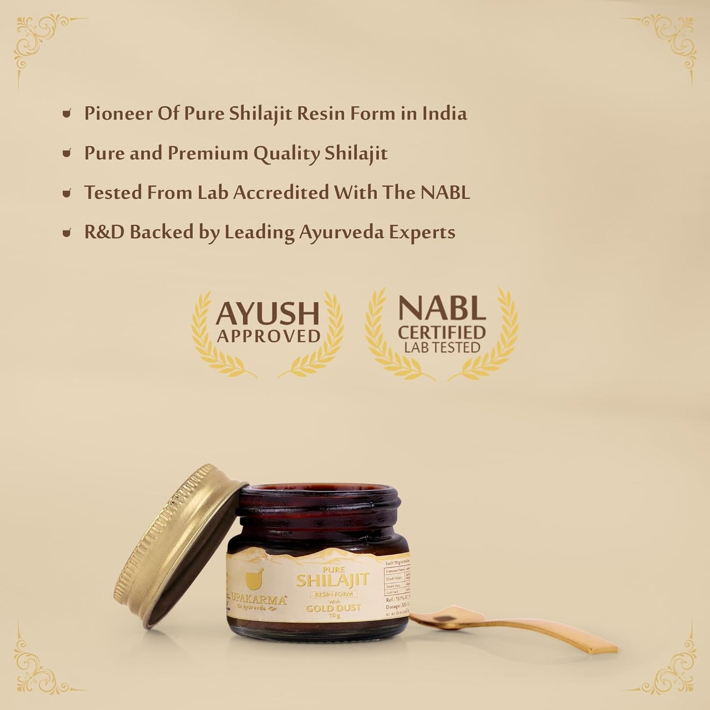 UPAKARMA Pure Shilajit Resin with Gold Dust 10g | 300mg/serving | Extensive Global Sourcing | Potent Ayurvedic Formula with 24 Carat Gold | Lab-Tested Purity | 33 Servings
