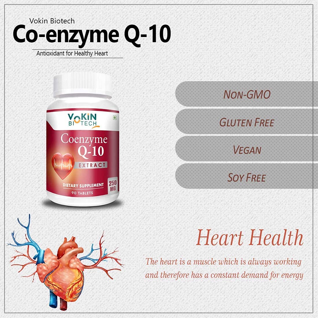 Vokin Biotech Co-enzyme Q-10 supplement bottle with heart illustration on a light gray background