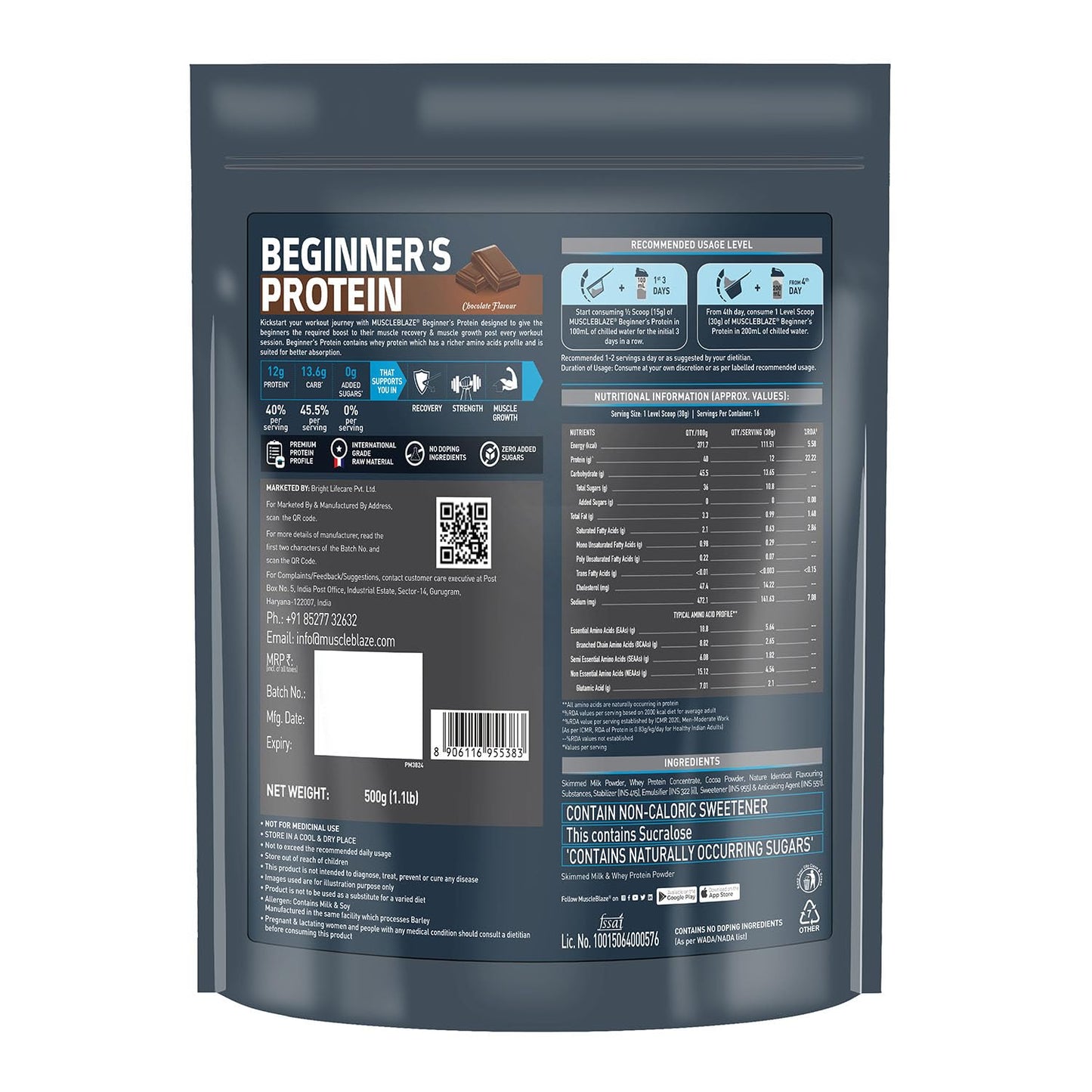 MuscleBlaze Beginner's Whey Protein, No Added Sugar, Faster Muscle Recovery & Improved Strength (Chocolate, 500 g / 1.1 lb)