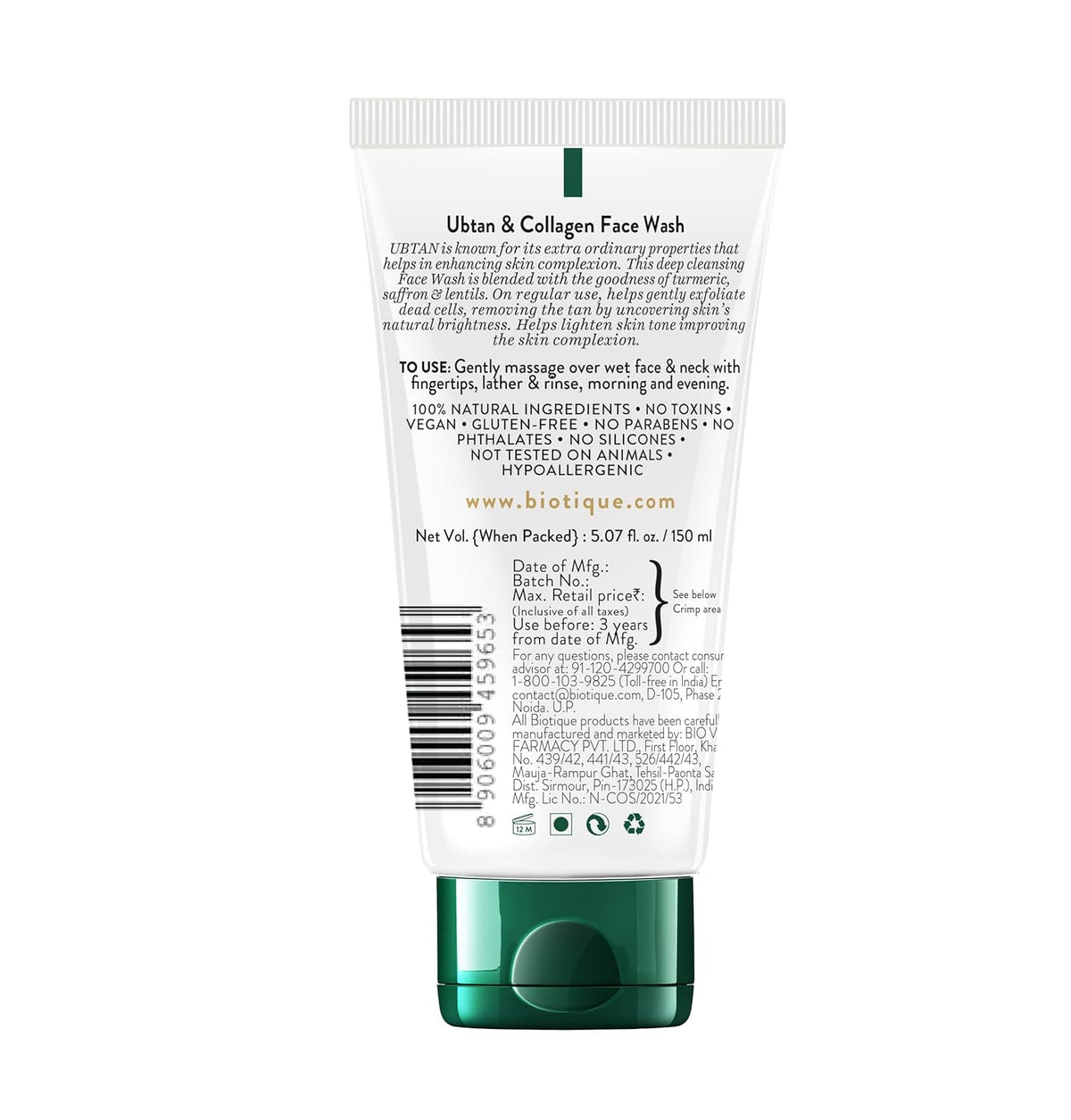 Tube of Biokuee face wash with label and green cap on white background