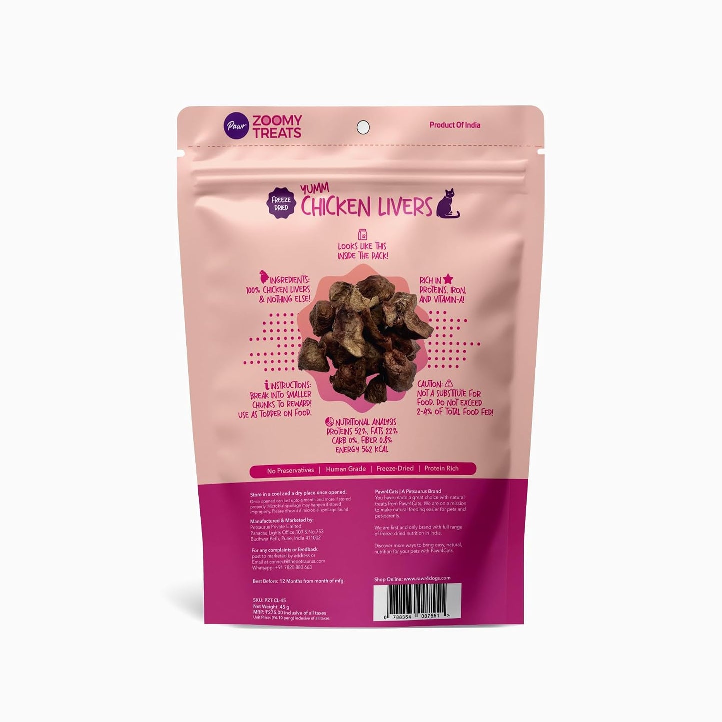 Pawr4Cats | Chicken Livers Zoomy Treats | Freeze-Dried | Rich in Iron & Vitamin-A, Vitamin B12 | No Preservative | Use as Treat or Food Topper | 45 GMS
