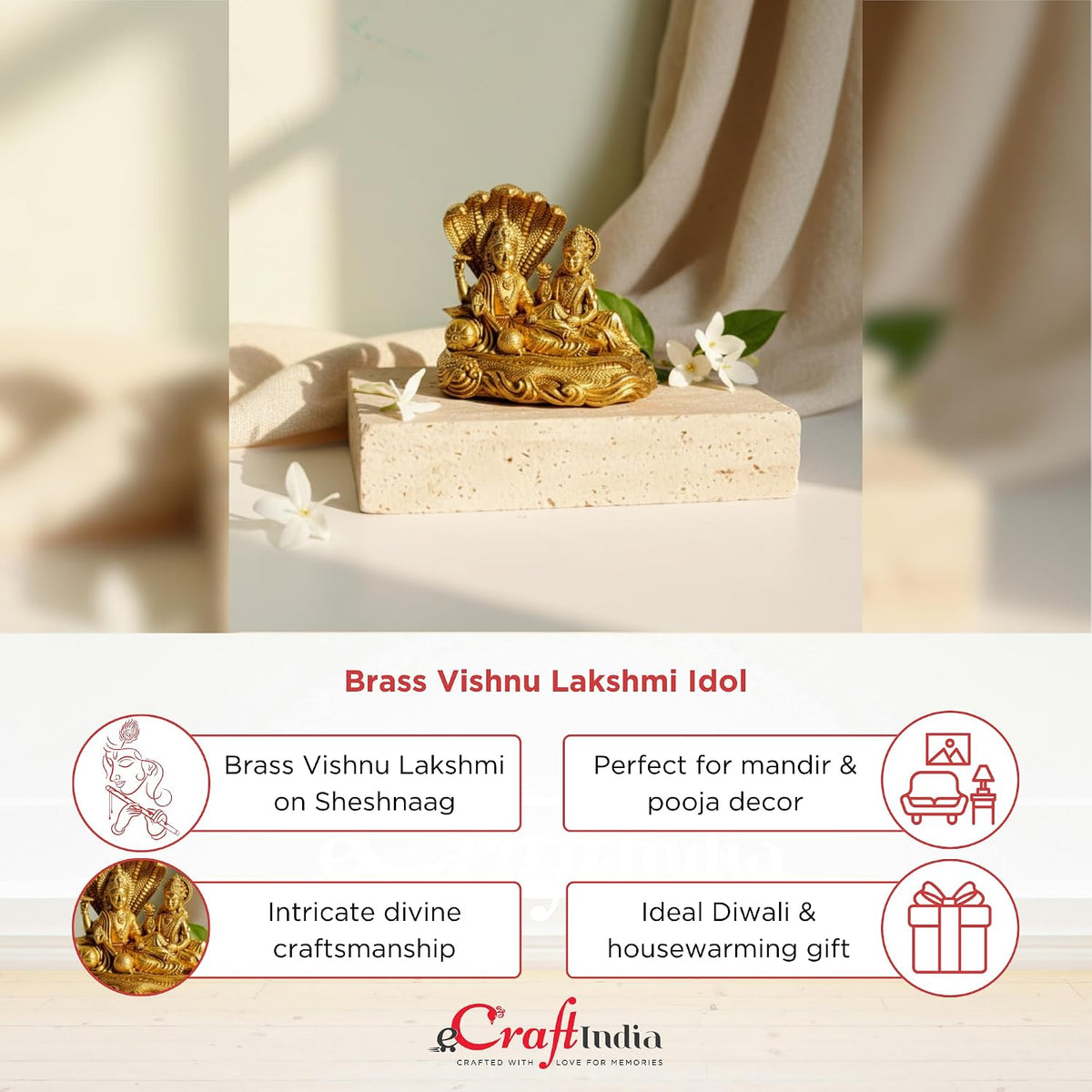 Brass Vishnu Lakshmi Idol with Sheshnaag | God Murti for Home Decor, Pooja, Temple & Diwali Housewarming Gift