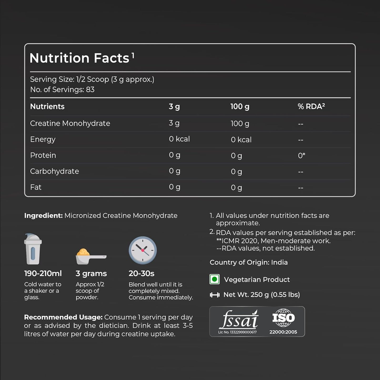 Nutrabay Pure Series Micronised Creatine Powder Monohydrate, Pre/Post Workout Bodybuilding, Crossfit Supplement, 250 g (Unflavoured)