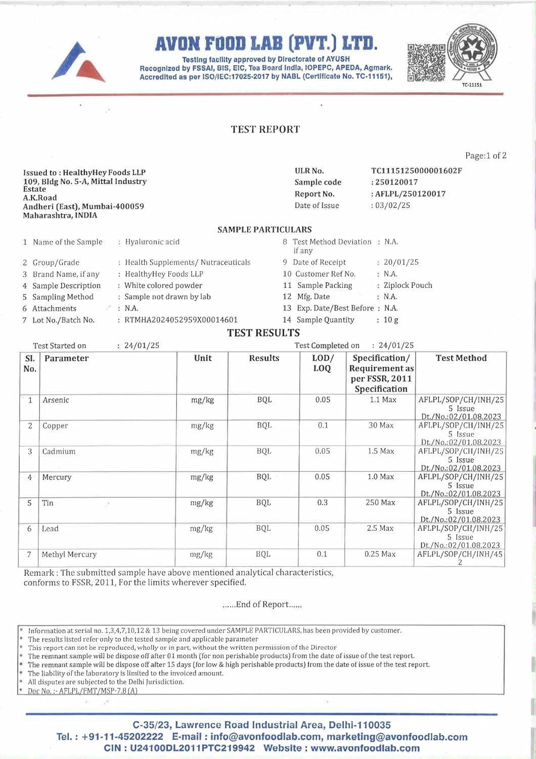 Avon Food Lab test report for a sample of white colored powder