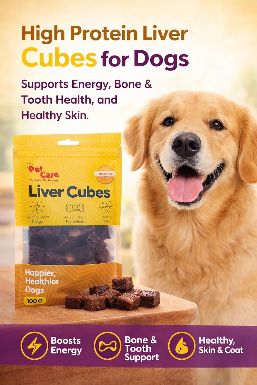 Pet en Care Liver Cubes (Buffalo Meat) Dog Treats (100g) | High Protein Liver Snacks | Supports Energy, Bone & Tooth Health | Healthy Skin Support | Tasty Soft Chews for Dogs