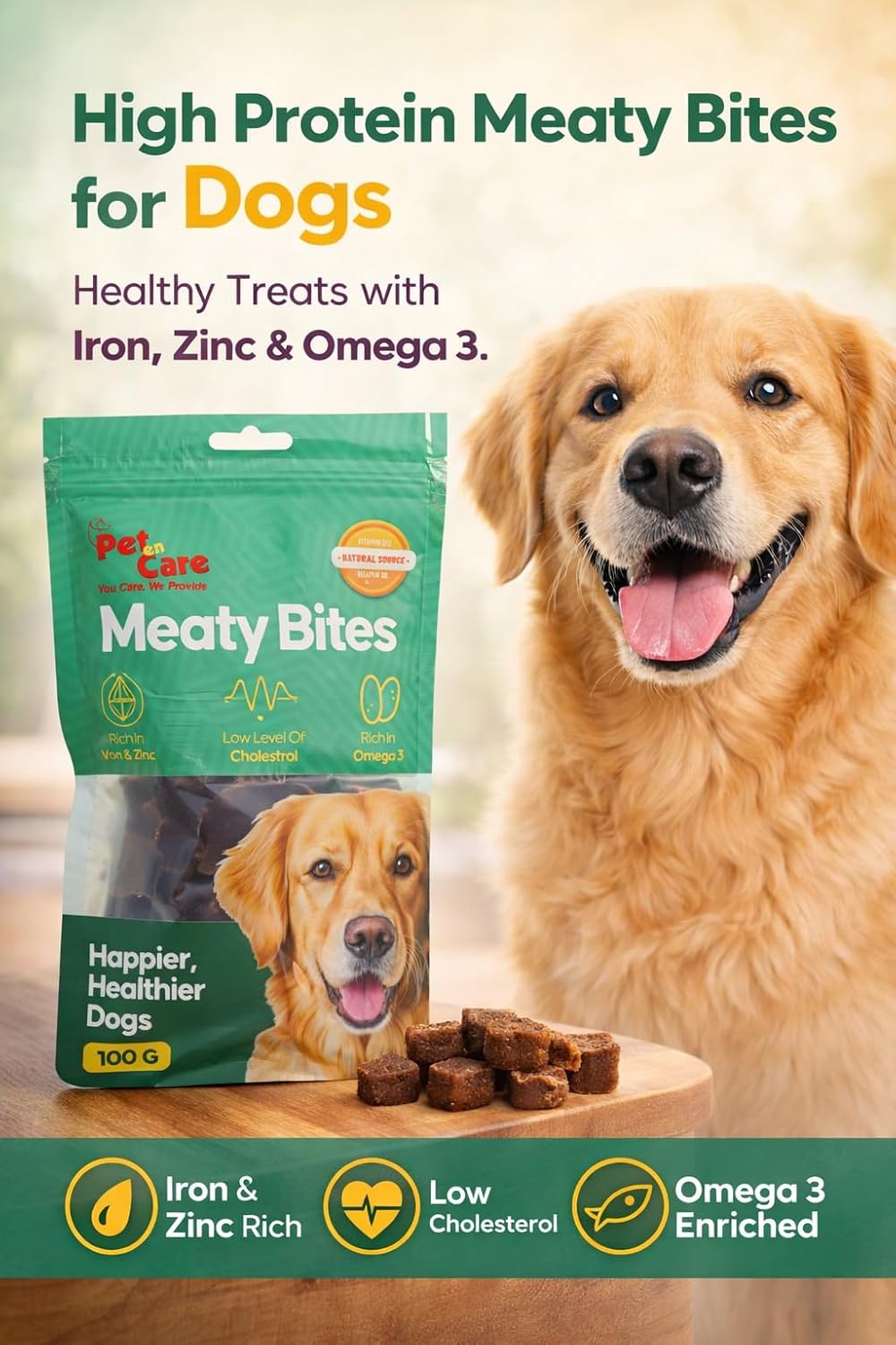 Pet en Care Meaty Bites (Buffalo Meat) Dog Treats (100g) | High Protein Snacks | Rich in Iron & Zinc | Low Cholesterol Healthy Treats for Dogs
