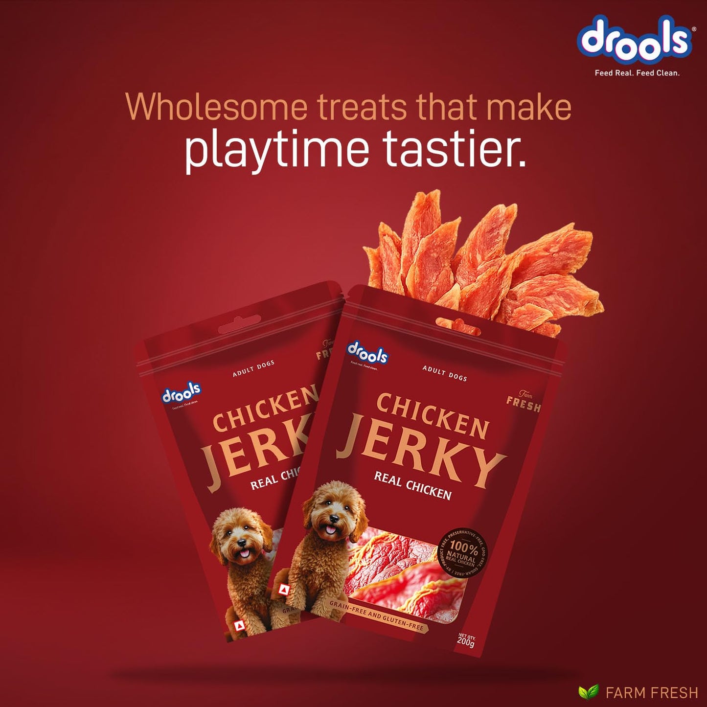 Drools Adult Dog Treat Chicken Jerky 200g | Real Chicken Flavour | No Grains | No Gluten | Prevent Food Allergy or Sensitivity | Firm Texture | Chewy Nature