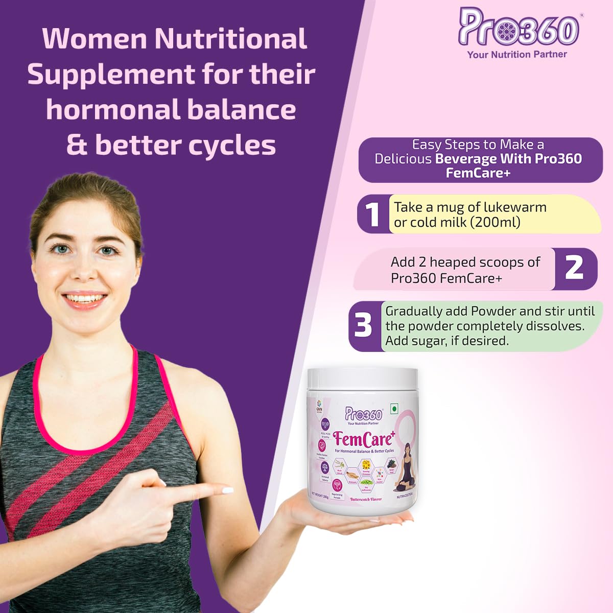 Pro360 FemCare+ PCOS PCOD Nutritional Supplement Powder for Hormonal Balance, Better Cycles, Supports Normal Ovulation in Women Wellness - Butterscotch Flavor 200gm