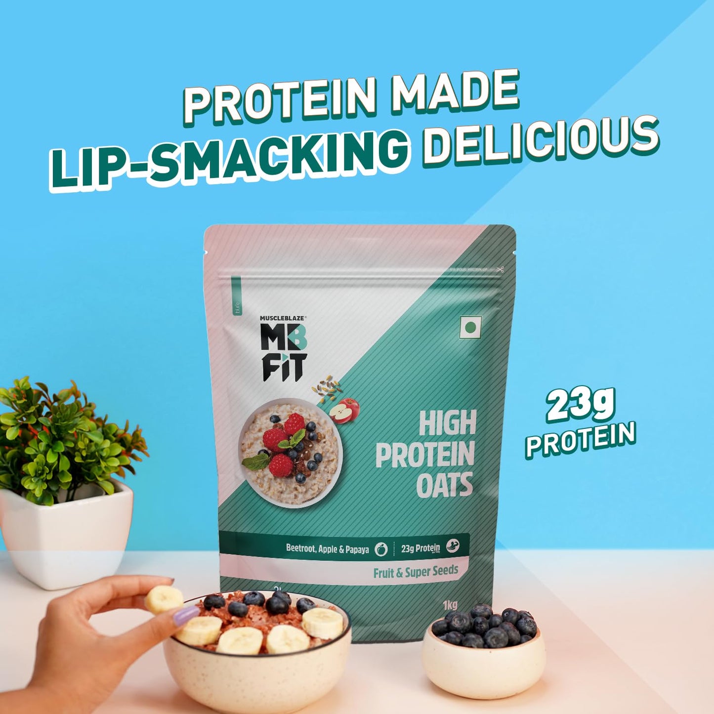 MuscleBlaze Fit High Protein Oats (Fruit & Super Seeds, 1kg) | 23g Protein | Breakfast Cereals for Weight Management