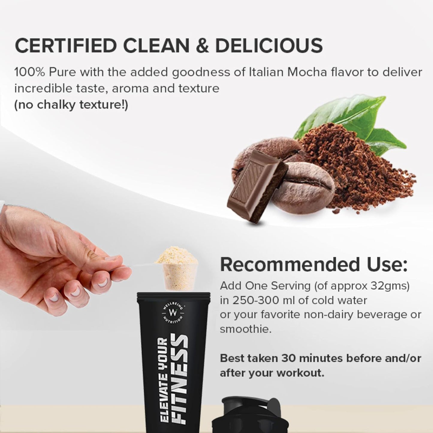 Wellbeing Nutrition Organic Vegan Plant Protein Isolate Powder | 22g Protein, 5g BCAA European Pea & Brown Rice Protein | Superfoods, Fiber for Muscle Growth & Recovery | Italian Cafe Mocha - 500gm