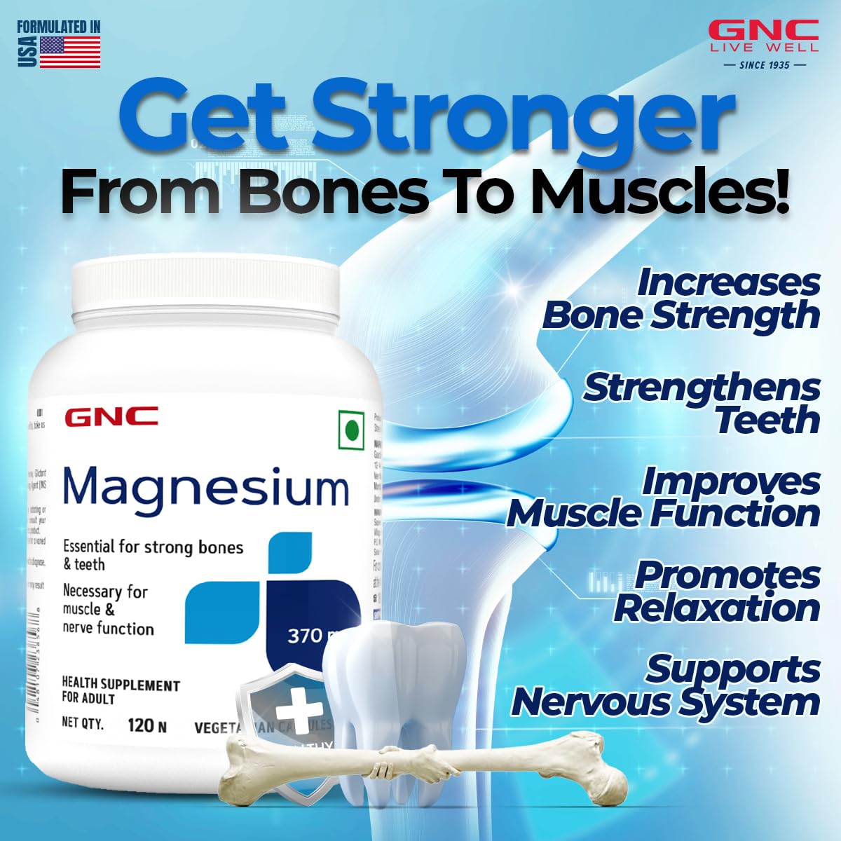 Zephivo GNC Magnesium 370mg | 120 Capsules | Strengthens Bones & Teeth | Promotes Calcium Absorption | Relieves Stress Symptoms | Supports Cell Functions | Formulated in USA | 370mg Per Serving
