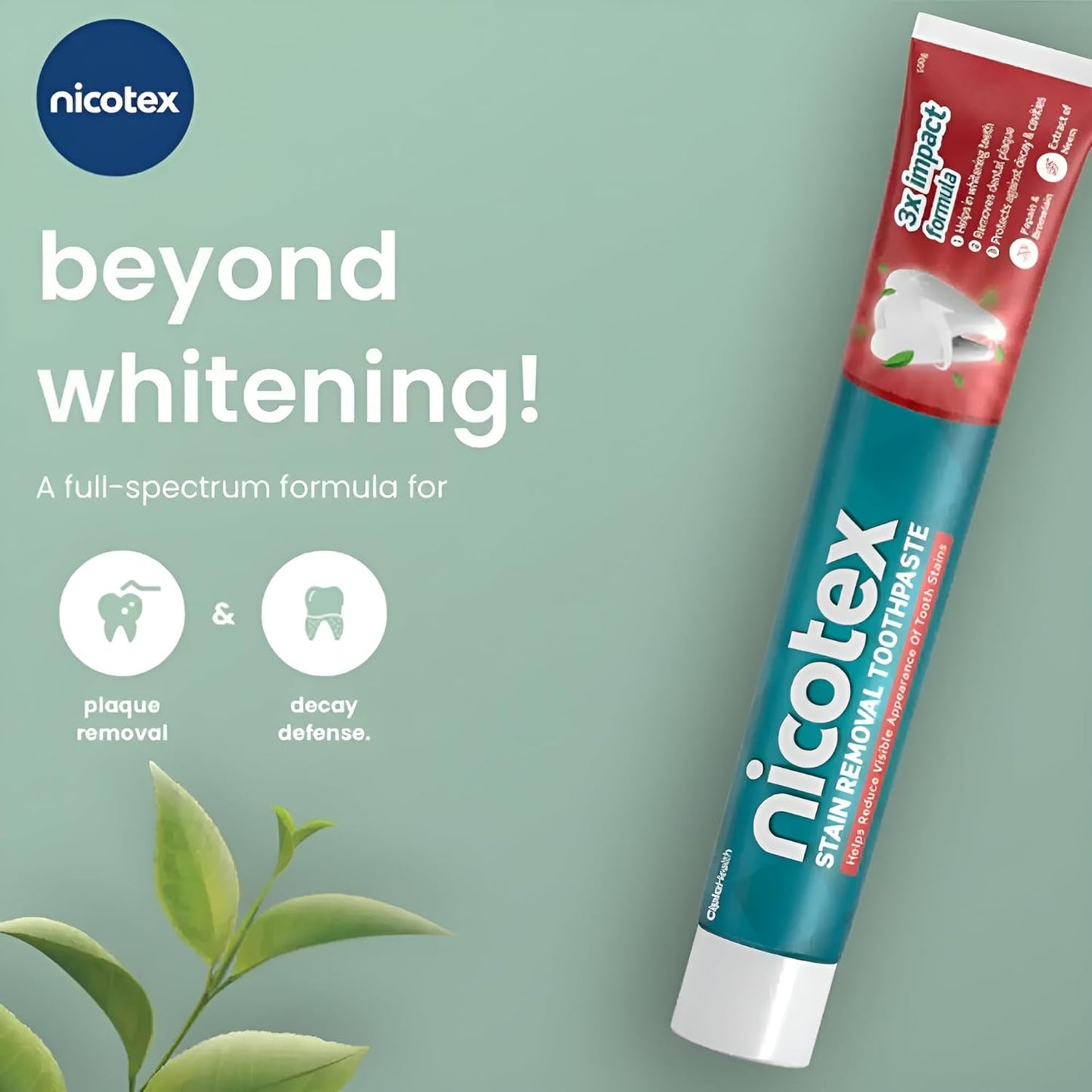 Cipla Nicotex Stain Removal Toothpaste | Teeth Whitening, Plaque Removal, Protection Against Decay And Cavities | Papain, Bromelain, Neem Extract, Meswak Extract | With Fluoride | Sls Free | 100G