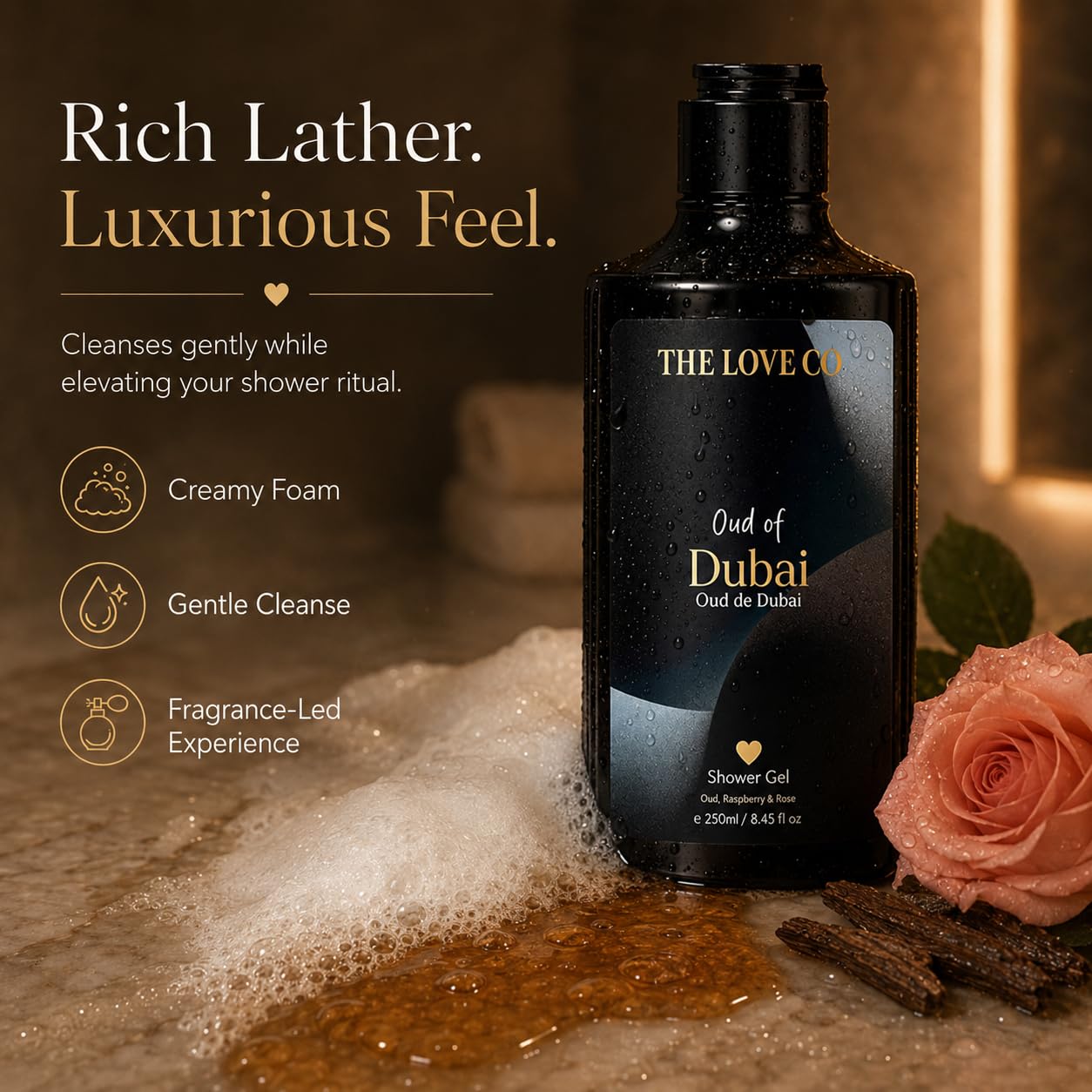 THE LOVE CO Oud of Dubai Body Wash 250ml | Luxury Oud Shower Gel for Men & Women | Hydrating Body Cleanser with Niacinamide & Shea Butter | Paraben Free Daily Bath & Shower Gel