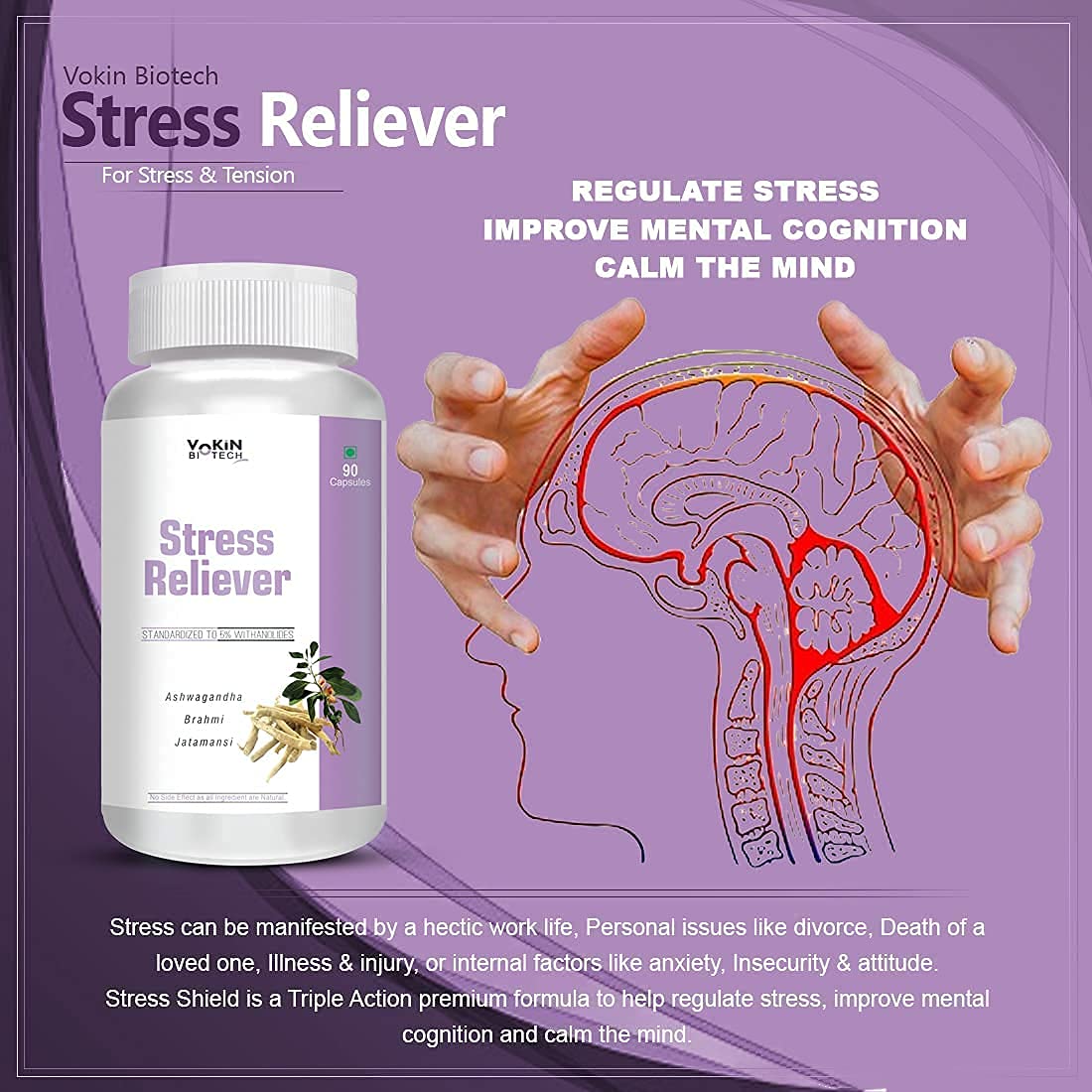 Stress reliever supplement bottle with hand holding brain illustration on a purple background