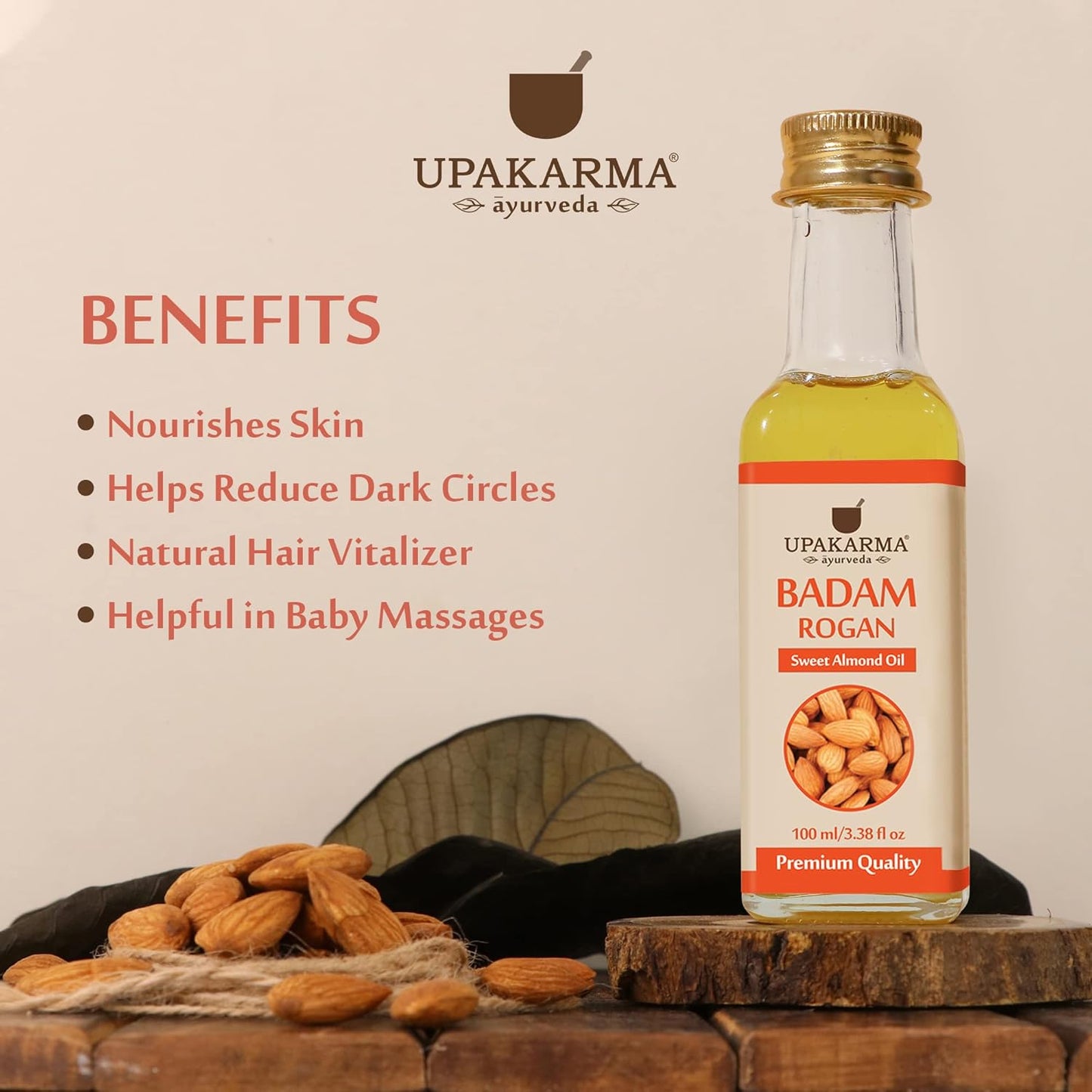 UPAKARMA Badam Oil | Pure and Natural Cold Pressed Sweet Almond/Badam Rogan Oil | Promotes Skin & Hair Health, 100ml - Pack of 1