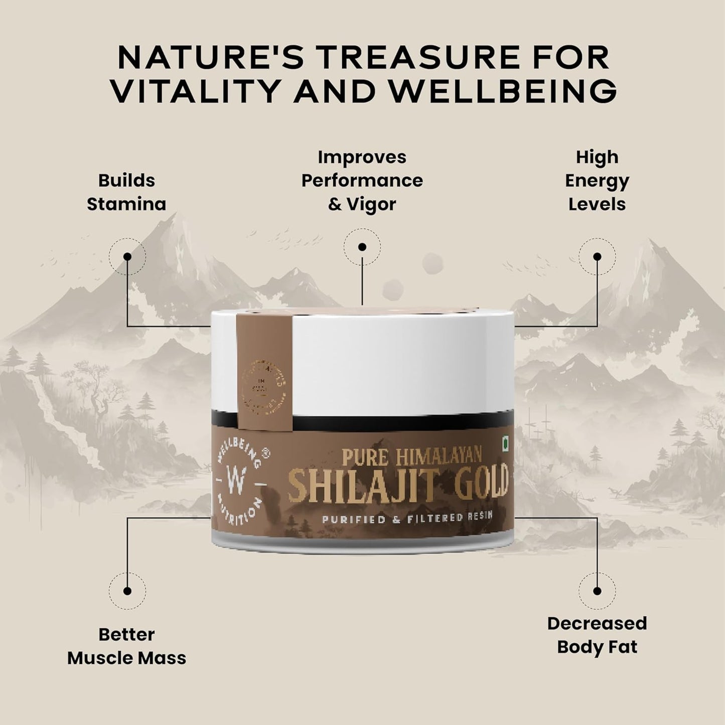 Wellbeing Nutrition Pure Himalayan Shilajit Gold Resin for Strength, Stamina, Performance, Stress Relief and Vitality | Ashwagandha, Safed Museli & Swarna Bhasma (24K Gold Leaf) | Lab Tested - 20g