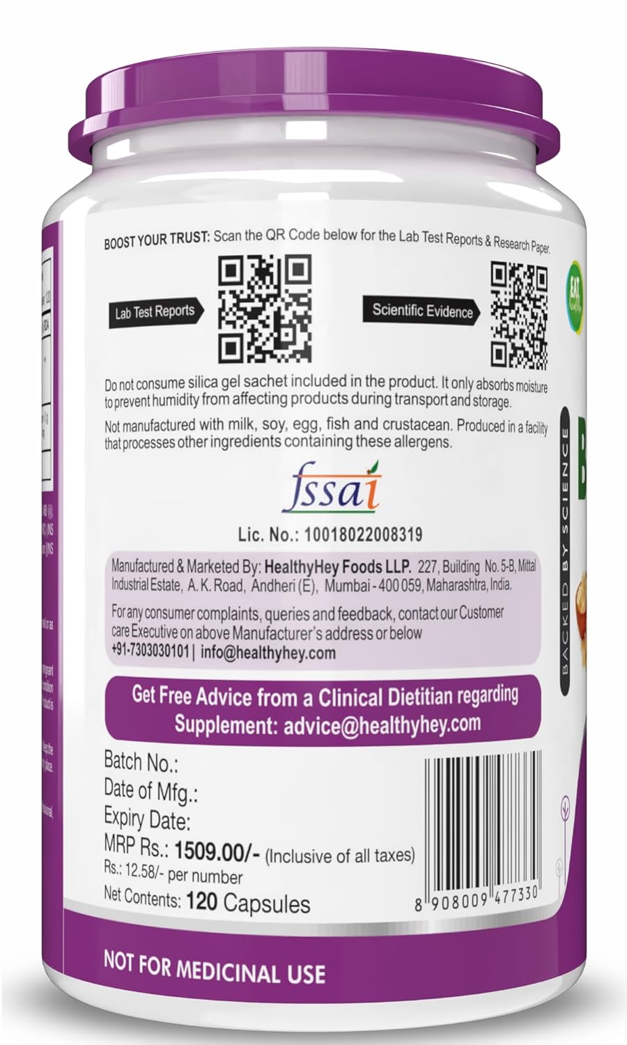 Supplement container with purple label and QR code on a white background