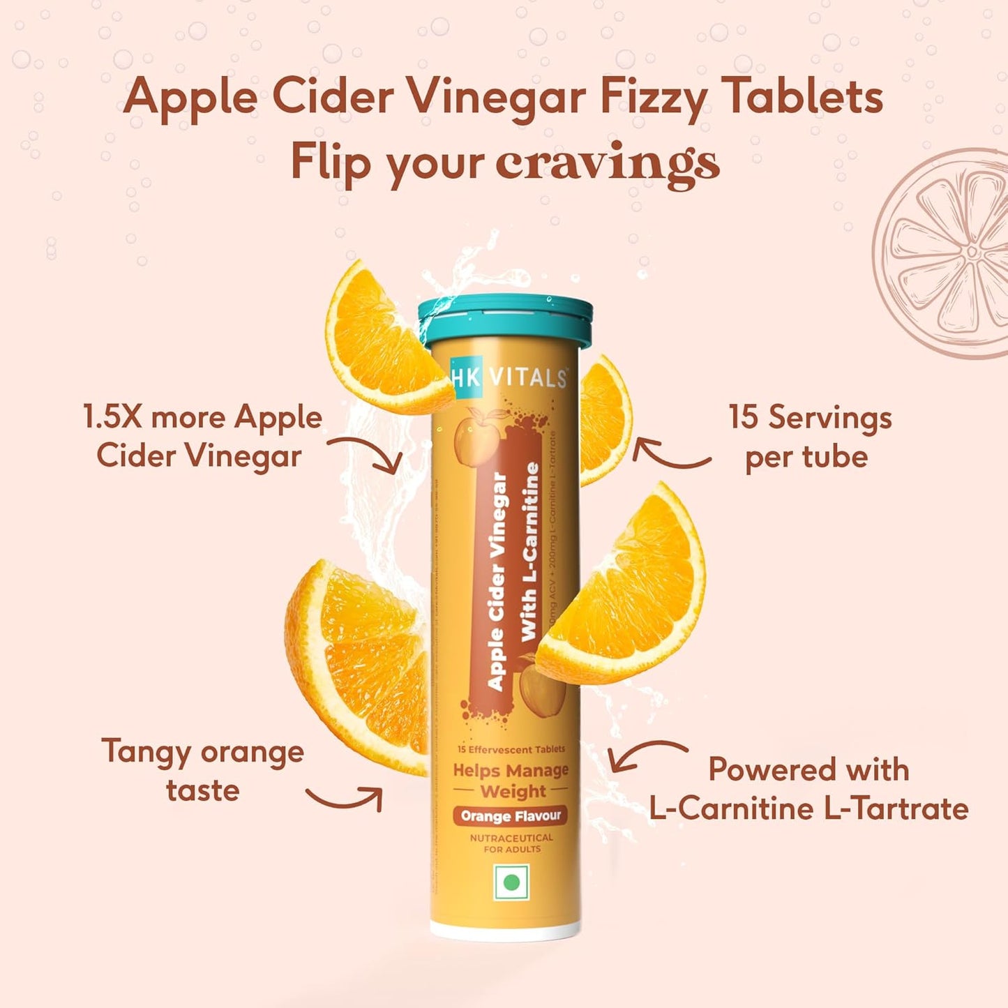 HealthKart HK Vitals Apple Cider Vinegar + L Carnitine (Orange, 15 Effervescent Tablets) | For Weight Management & Gut Health