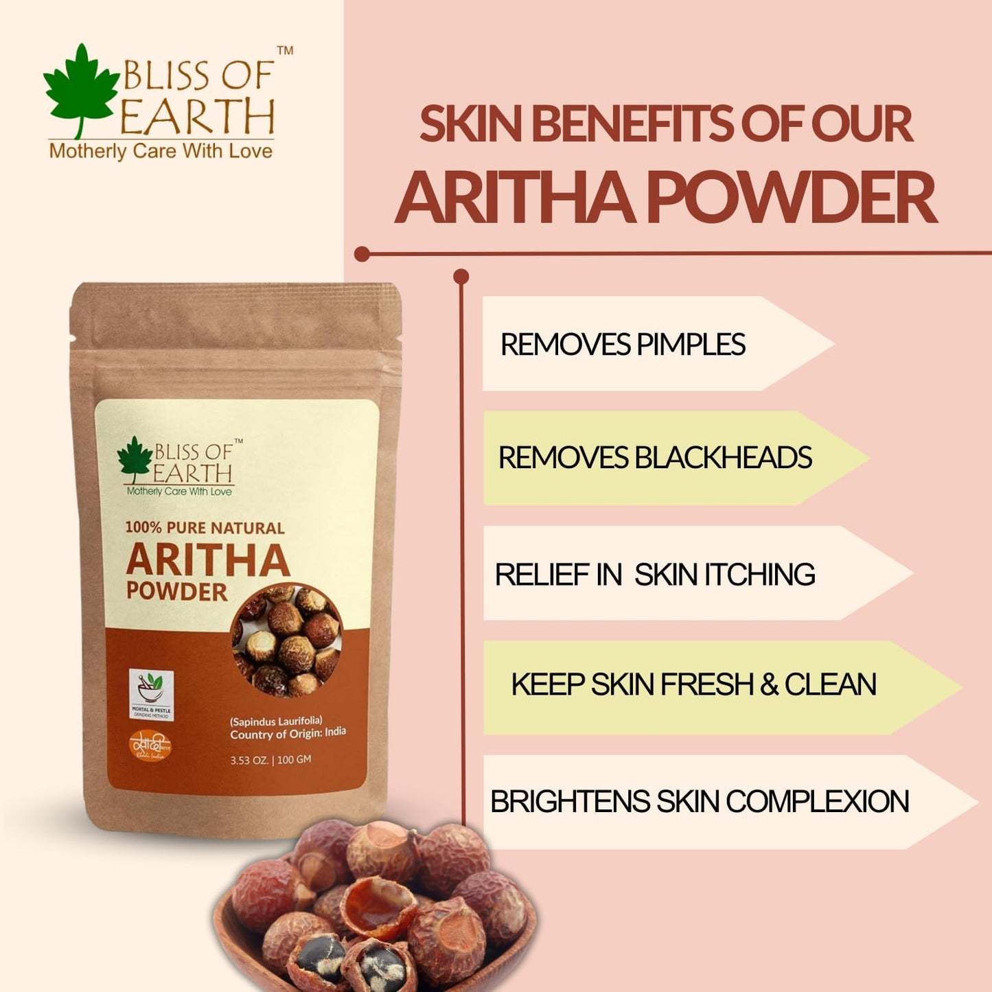 Bliss of Earth Reetha powder for hair growth | 100GM | Aritha Powder |Natural & Chemically Free Hair Cleanser | Gorgeous & Silky Hair |