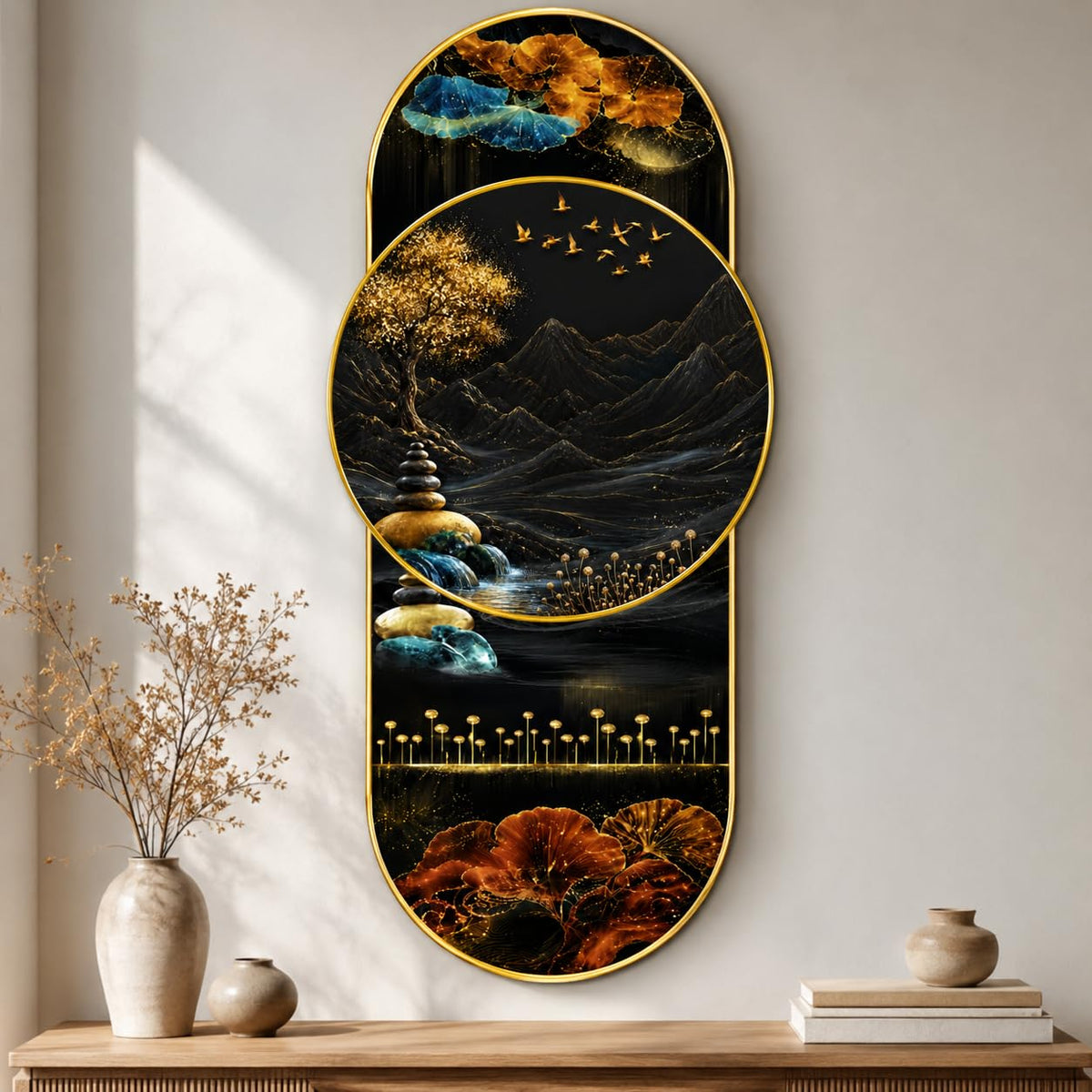 Black Gold Mountain Landscape Wall Painting for Living Room, Bedroom & Hallway Decor, Abstract Nature Artwork with Flowers & Premium PVC Golden Frame (16 x 35 Inch)