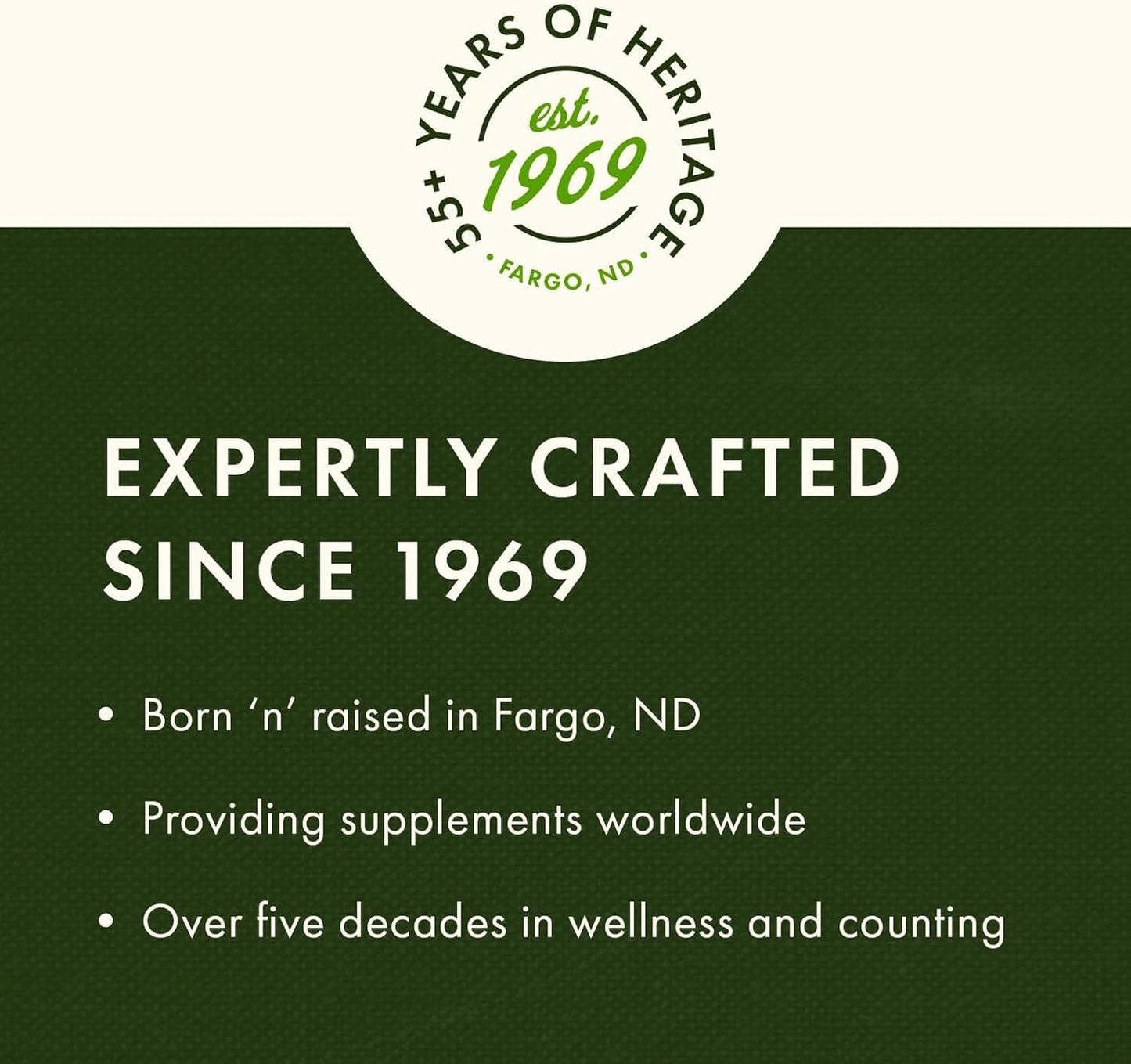 Green banner with text about a company's heritage and expertise in supplements, featuring a circular logo with 'est. 1969' on a white background.