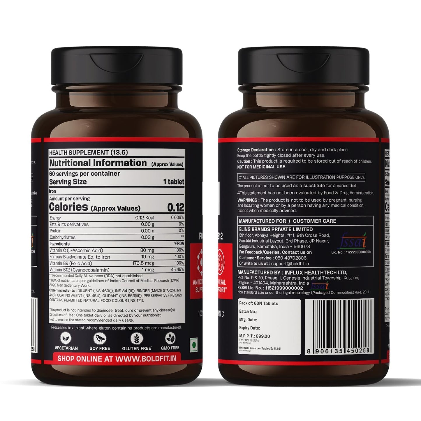 Boldfit Iron Supplement for Women & Men Iron Bisglycinate with Vitamin C Folic Acid & Vitamin B12 Gentle on Stomach,Non-Constipating Tablets - 60 Count