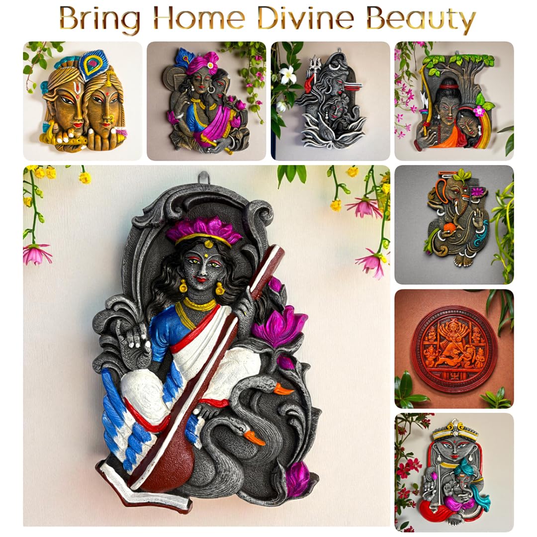 Saraswati Maa Wall Hanging Idol Murti | Terracotta Wall Decor | Saraswati MATA Wall Art for Mandir, Home, Office & Study Table Decor | Goddess of Knowledge Spiritual Gift (28x19 CM)