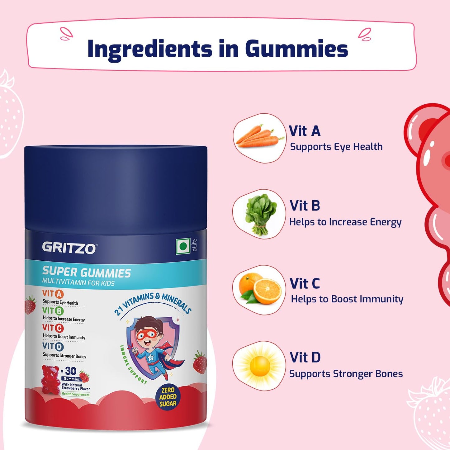 Gritzo Super Gummies, Multivitamin for Kids (Natural Strawberry Flavour, 30 Gummies) | Zero Added Sugar, 21 Vitamins & Minerals