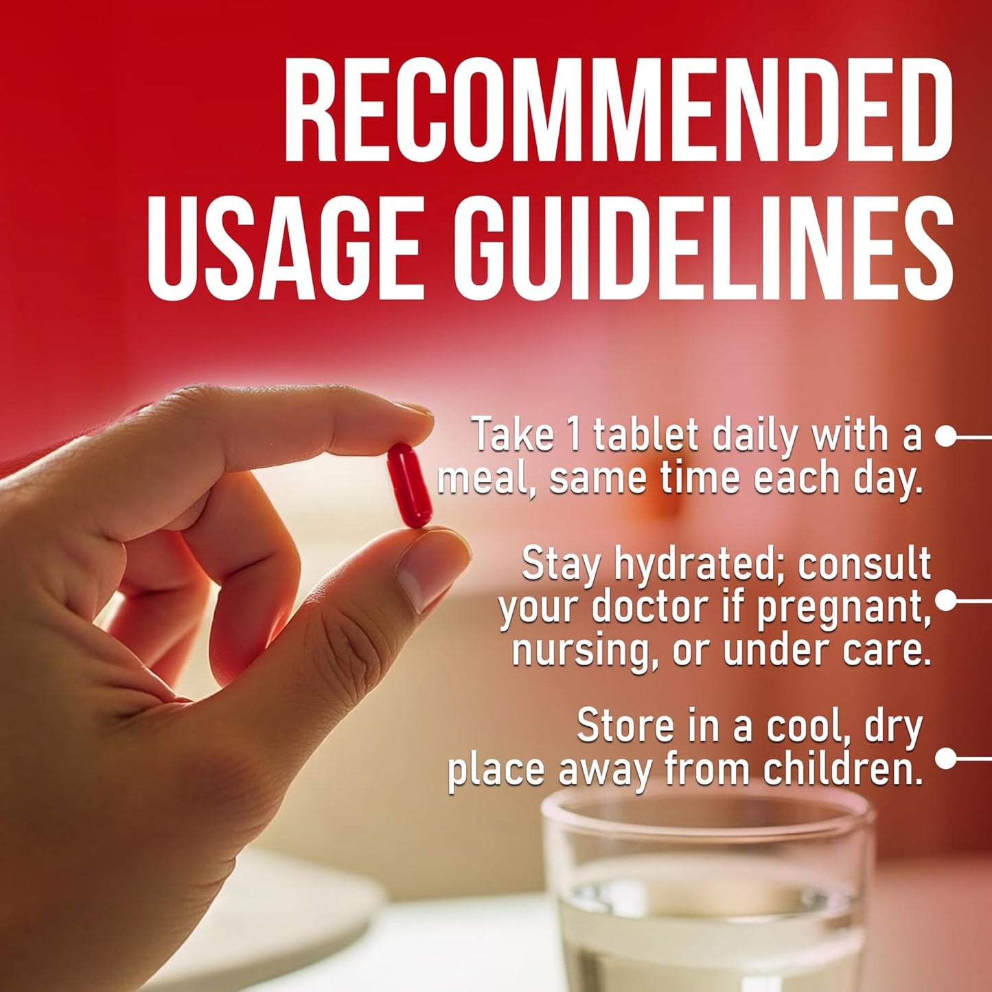 Hand holding a red pill with usage guidelines text on a blurred background