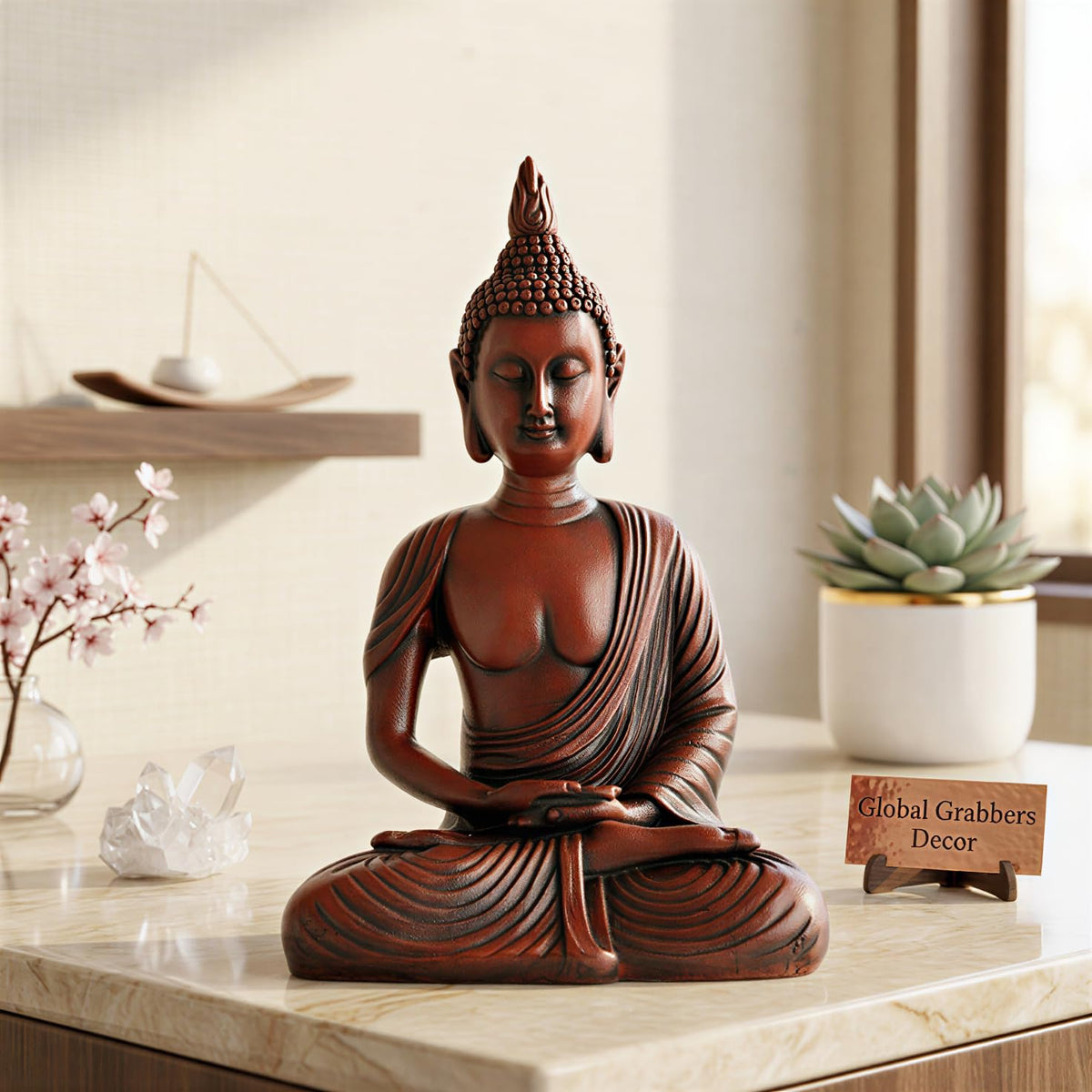 New Sitting Meditating Buddha Statue showpiece Idol Home Decor Items for Living Room and Gifts (Maroon)