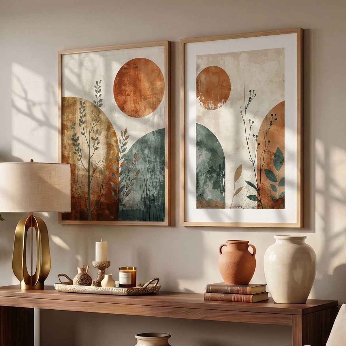 Boho Art Home Decoration Modern Paintings With Frame For Living Room Bed Room Hotel Wall Decor Digital Reprint Set of 2 (13X17 inch)