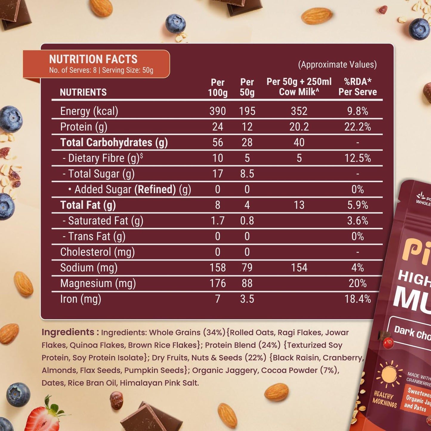 Pintola High Protein Muesli Dark Chocolate & Cranberry 400g, 24g Protein, High Fibre, Trans Fat Free with Brown Sugar, Real Fruits, Muesli for Breakfast Food, Muselies Fruit Nuts and Seeds (400g)