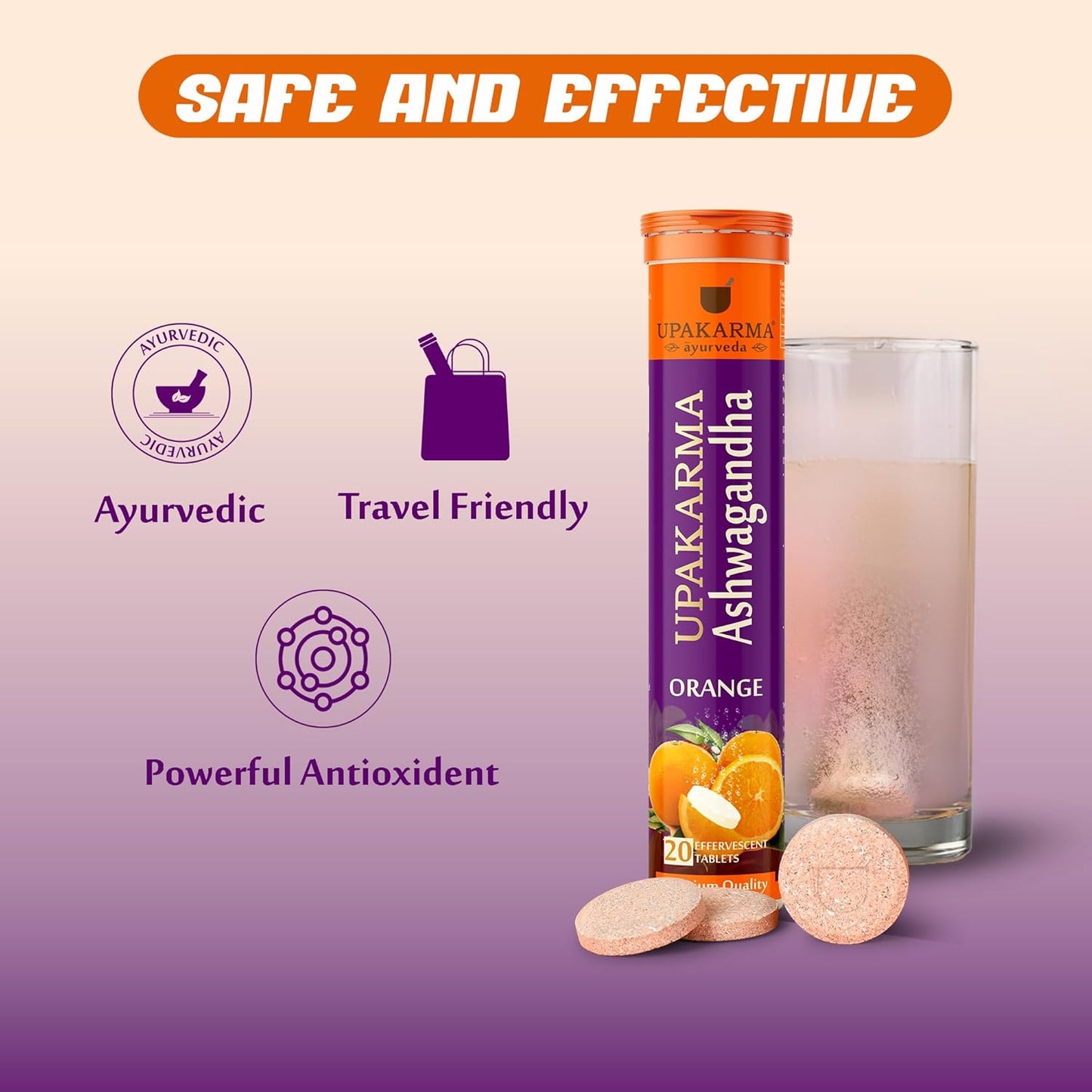 UPAKARMA Ashwagandha Orange Flavour Effervescent Tablets | Helps Relieve Stress & Anxiety, Mood Lifter, Immunity Booster | R&D Backed and Lab Tested - Pack of 1