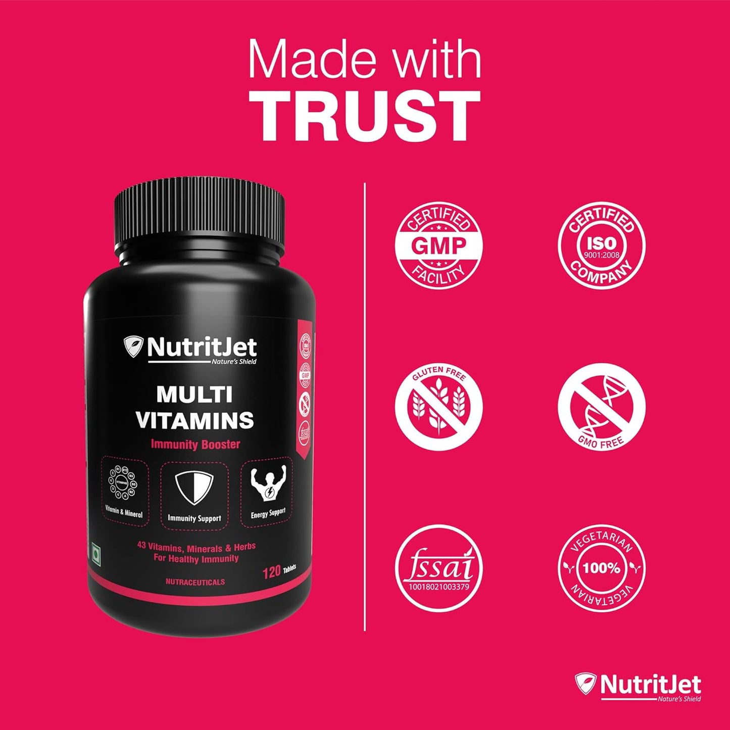 NutritJet Multivitamin For Men & Women - 120 Veg Tablets With 43 Essential Vitamins, Minerals and Herbs For Overall Health, Enhances Energy & Immunity