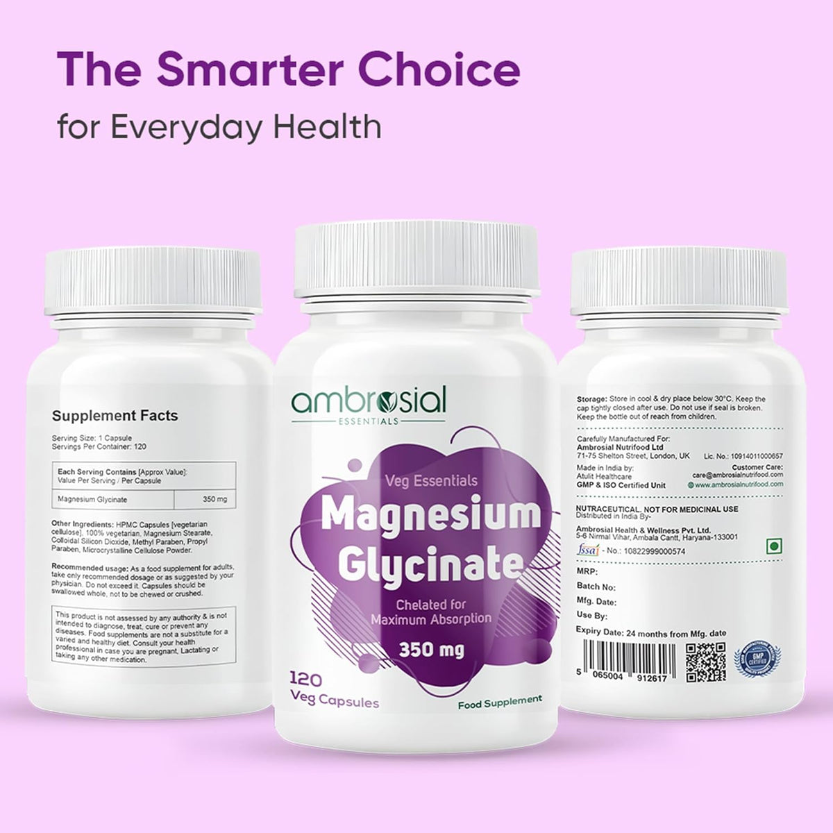Three bottles of Ambrosial Magnesium Glycinate supplement on a pink background with text 'The Smarter Choice for Everyday Health'.