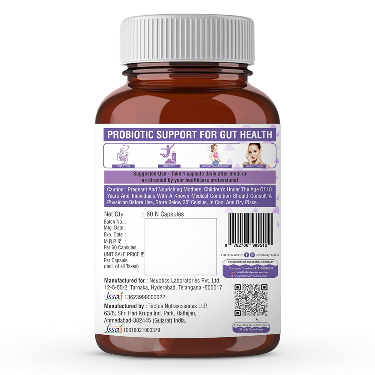 Bottle of probiotic capsules with a purple label on a white background