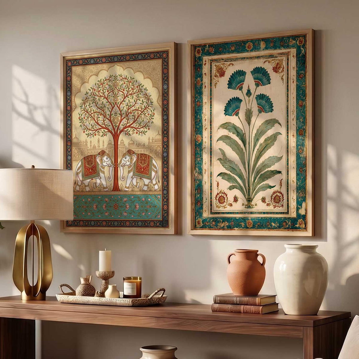 Indian Traditional Madhubani Art Wall Painting Home Decoration With Frame For Living Room Bed Room Hotel Wall Decor Digital Reprint Engineered Wood Set of 2 (13X17 inch)