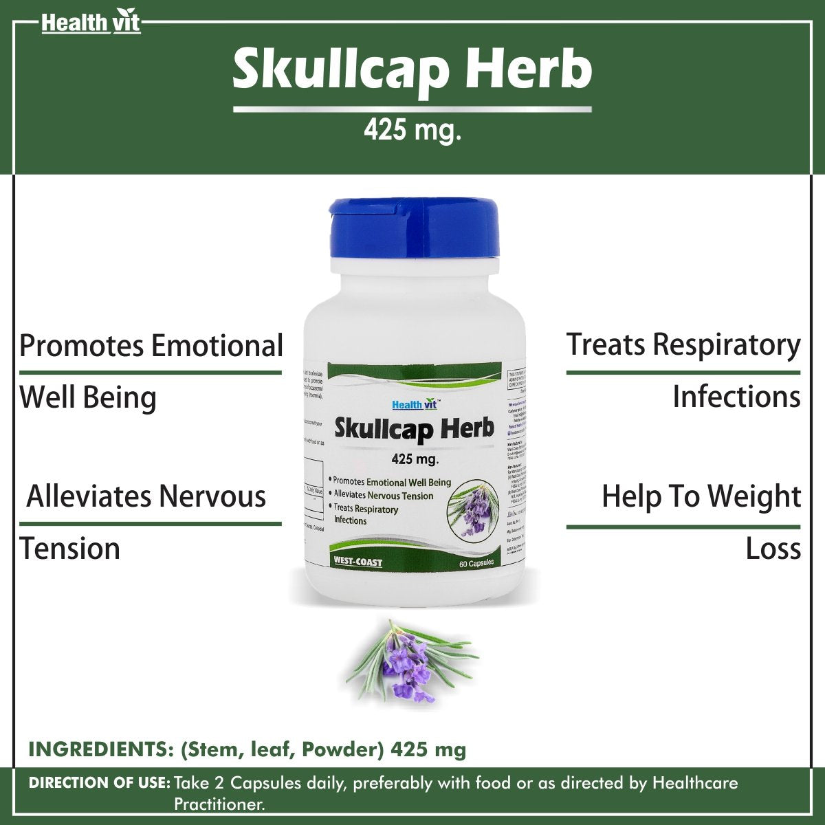 Healthvit Skullcap Herb supplement bottle with label and text on a green background