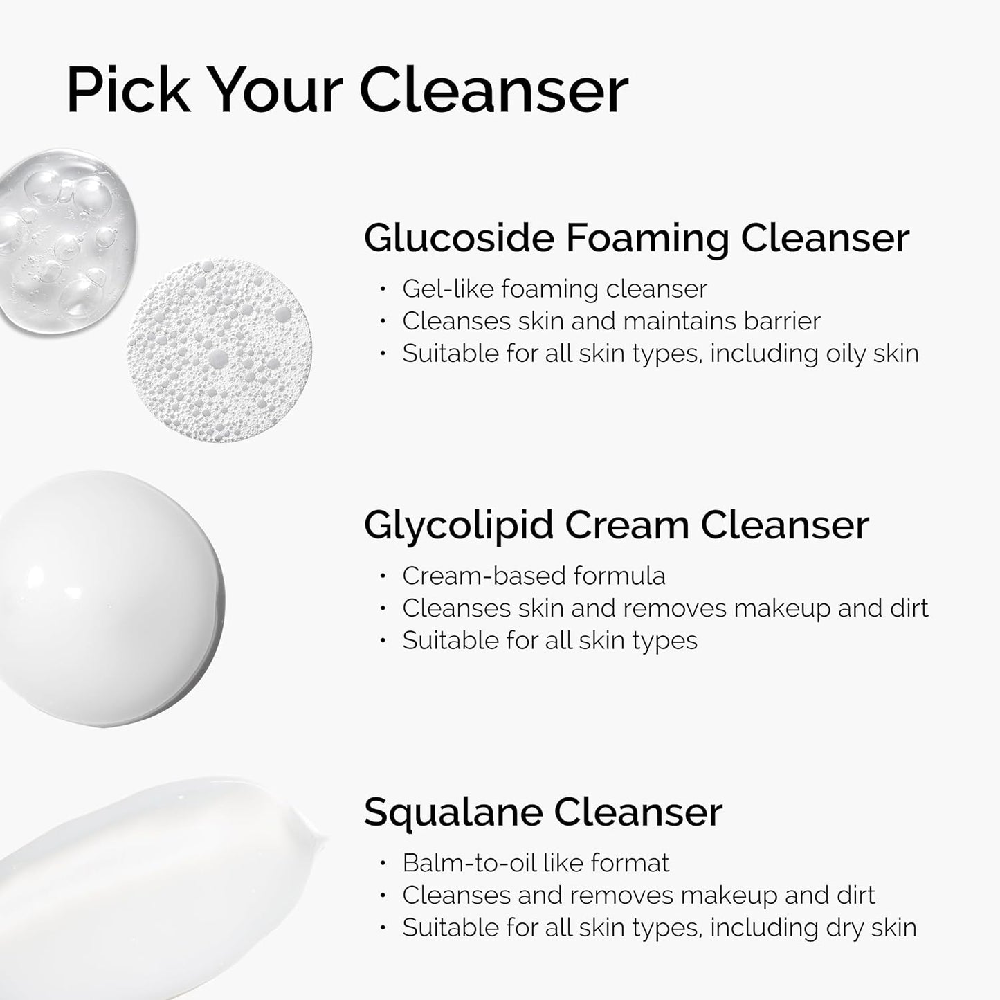 Product description of cleansers with text and images on a white background