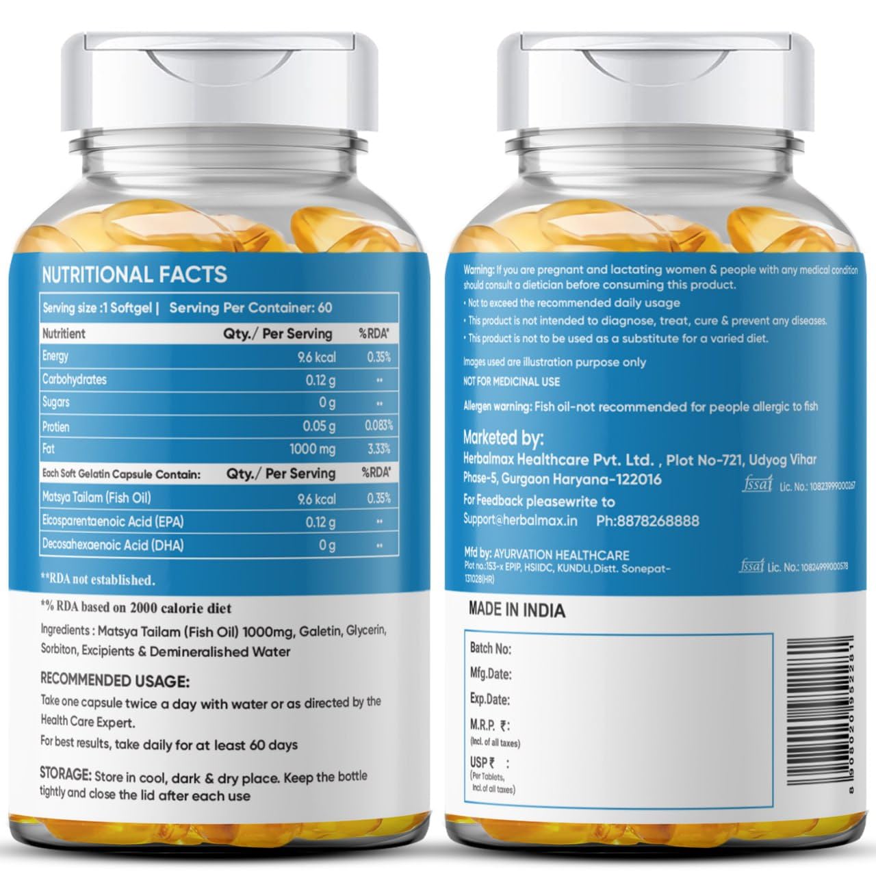 Herbalmax Omega-3 Fish Oil Capsules 1000mg (60 Capsules) | 180mg EPA & 120mg DHA | Supports Heart, Brain, Joint & Eye Health | For Men & Women | Promotes Cardiovascular Wellness
