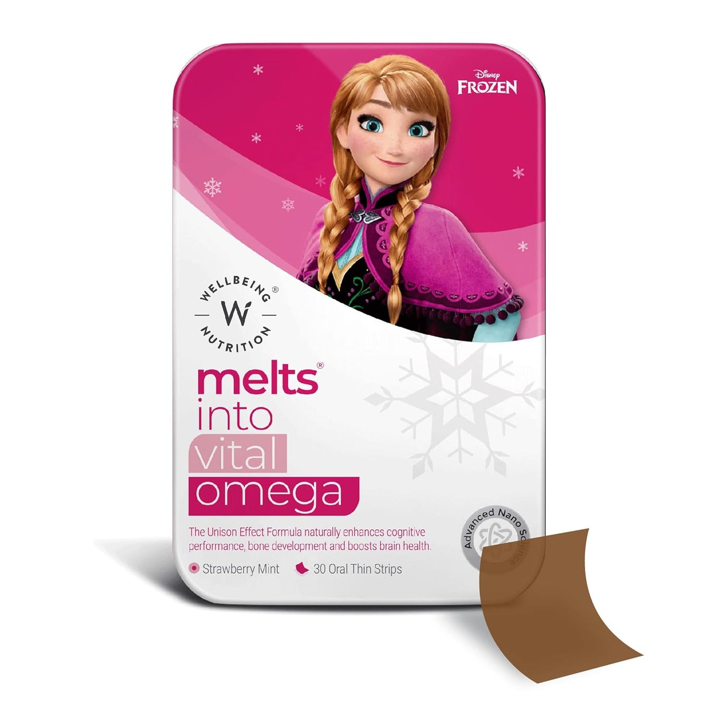 Wellbeing Nutrition Frozen Anna Melts | Vegan Omega 3 for Kids (6+) Supports Brain Development, Concentration, Eye & Heart Health | Algae Omega 3 EPA DHA | Strawberry Mint Flavor (30 Oral Strips)